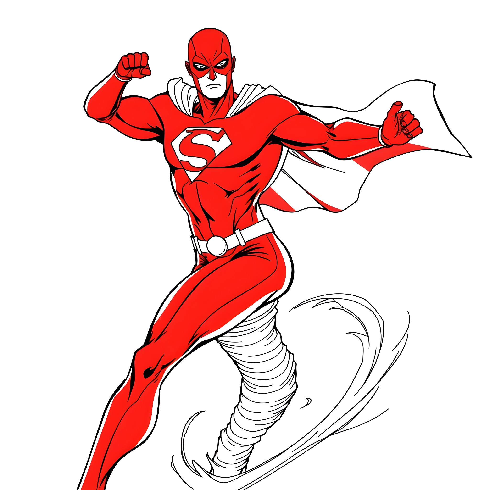 Red Tornado heroically soaring through the sky Coloring Page (free black-and-white line drawing printable PDF for all, from beginners to advanced learners, including children, teens, adults, and seniors)