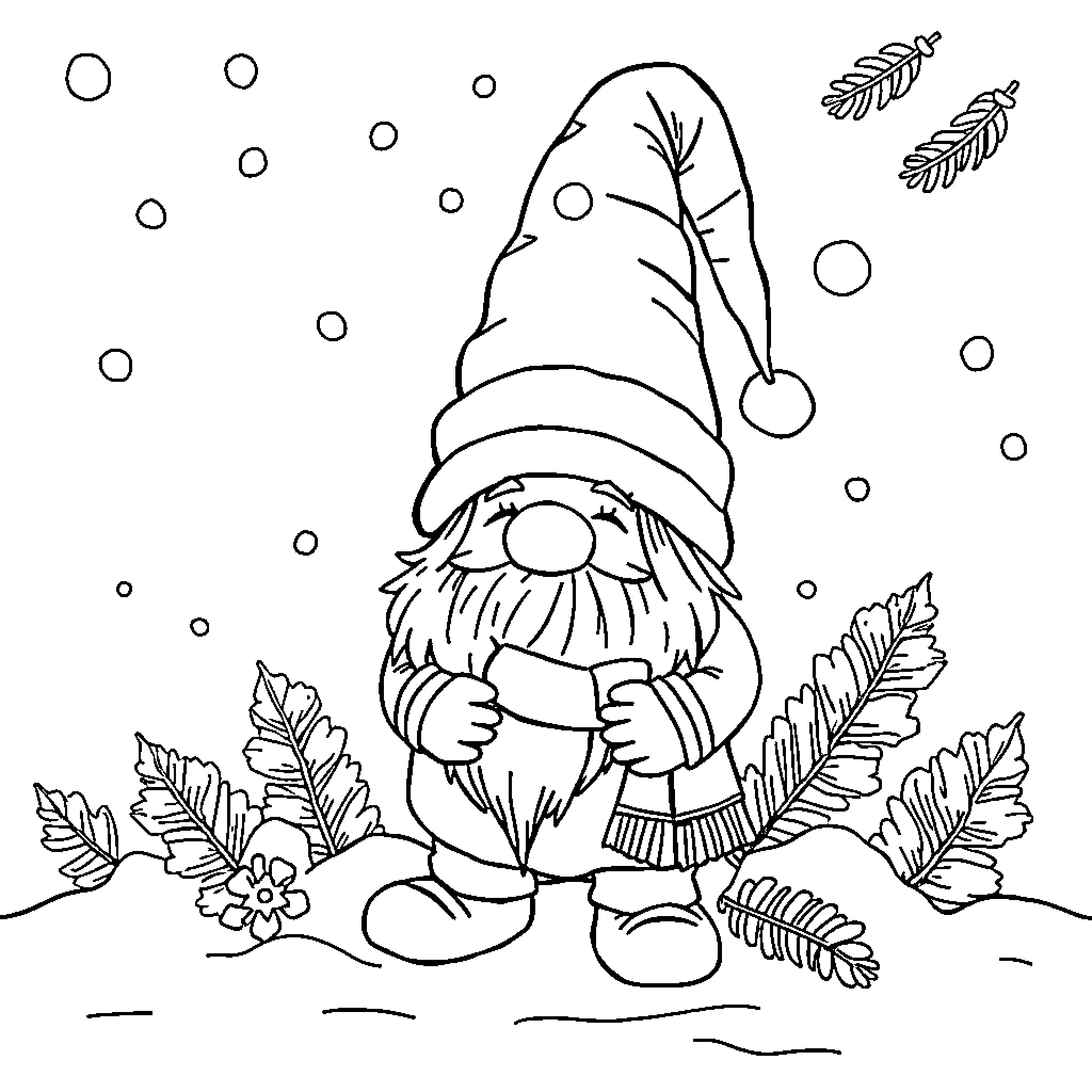 Gnome standing in snowy forest Coloring Page (free black-and-white line drawing printable PDF for all, from beginners to advanced learners, including children, teens, adults, and seniors)