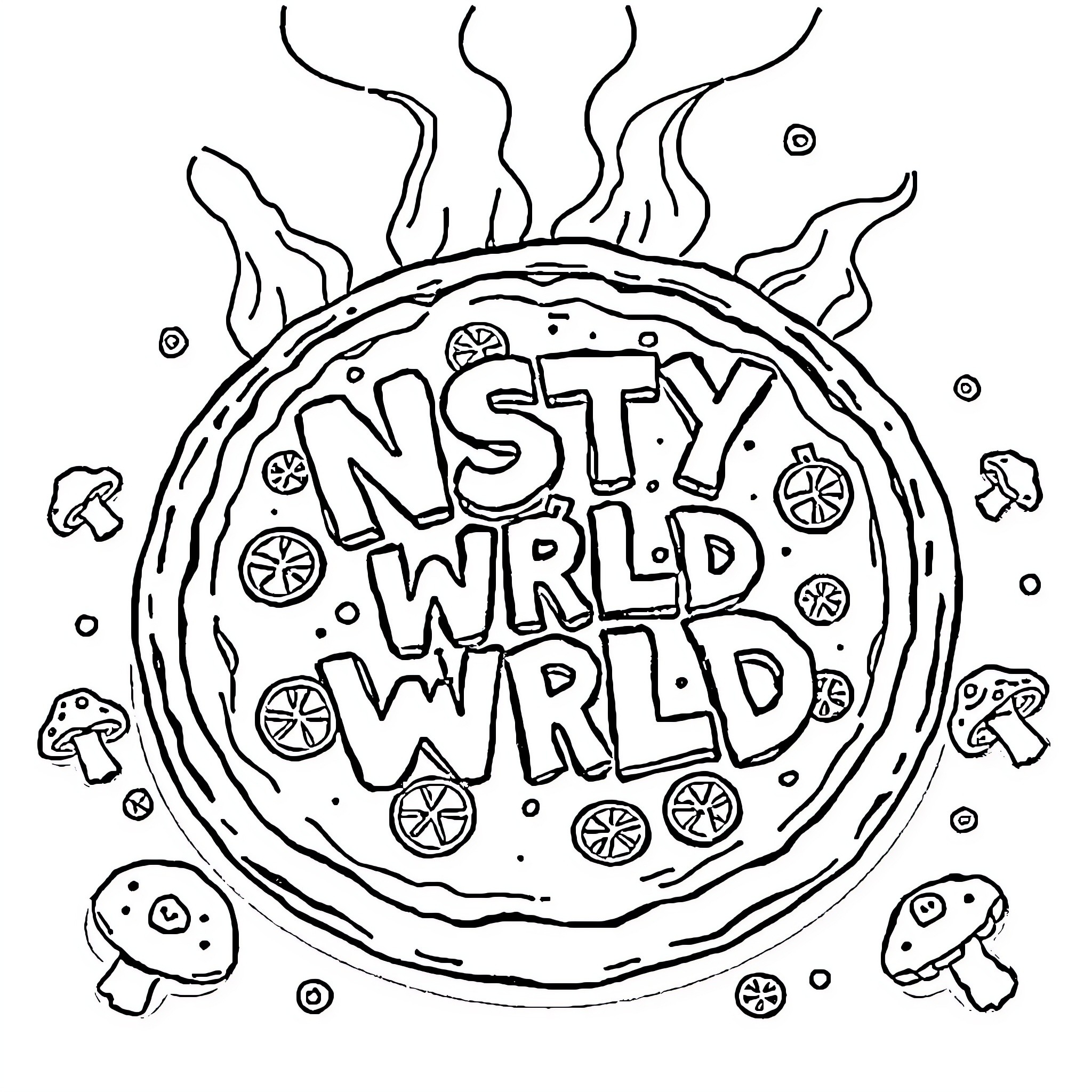 Pizza with Zany World Design Coloring Page (free black-and-white line drawing printable PDF for all, from beginners to advanced learners, including children, teens, adults, and seniors)
