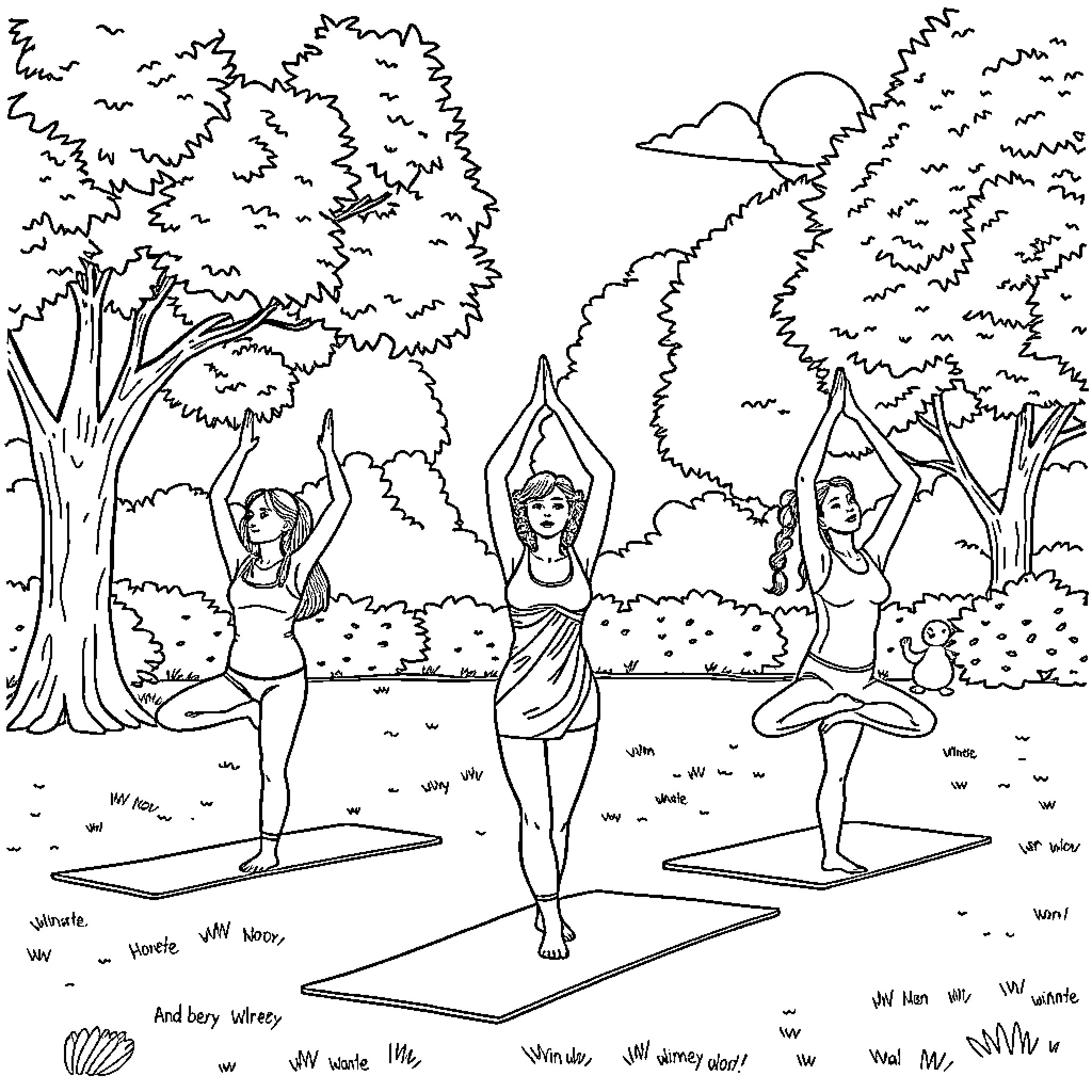 Girls practicing yoga poses in the park Coloring Page (free black-and-white line drawing printable PDF for all, from beginners to advanced learners, including children, teens, adults, and seniors)