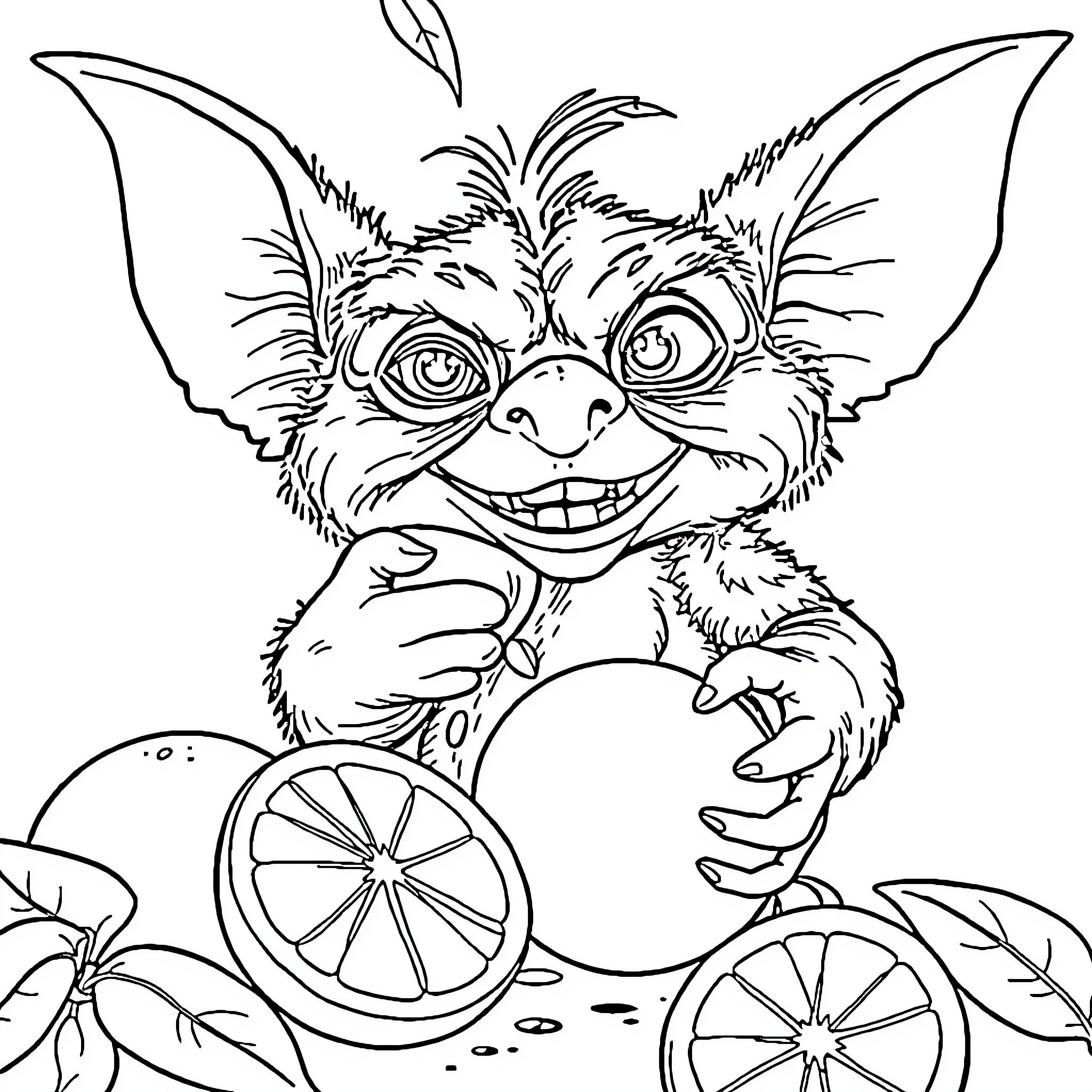Gizmo enjoying a citrus snack in the wilderness Coloring Page (free black-and-white line drawing printable PDF for all, from beginners to advanced learners, including children, teens, adults, and seniors)