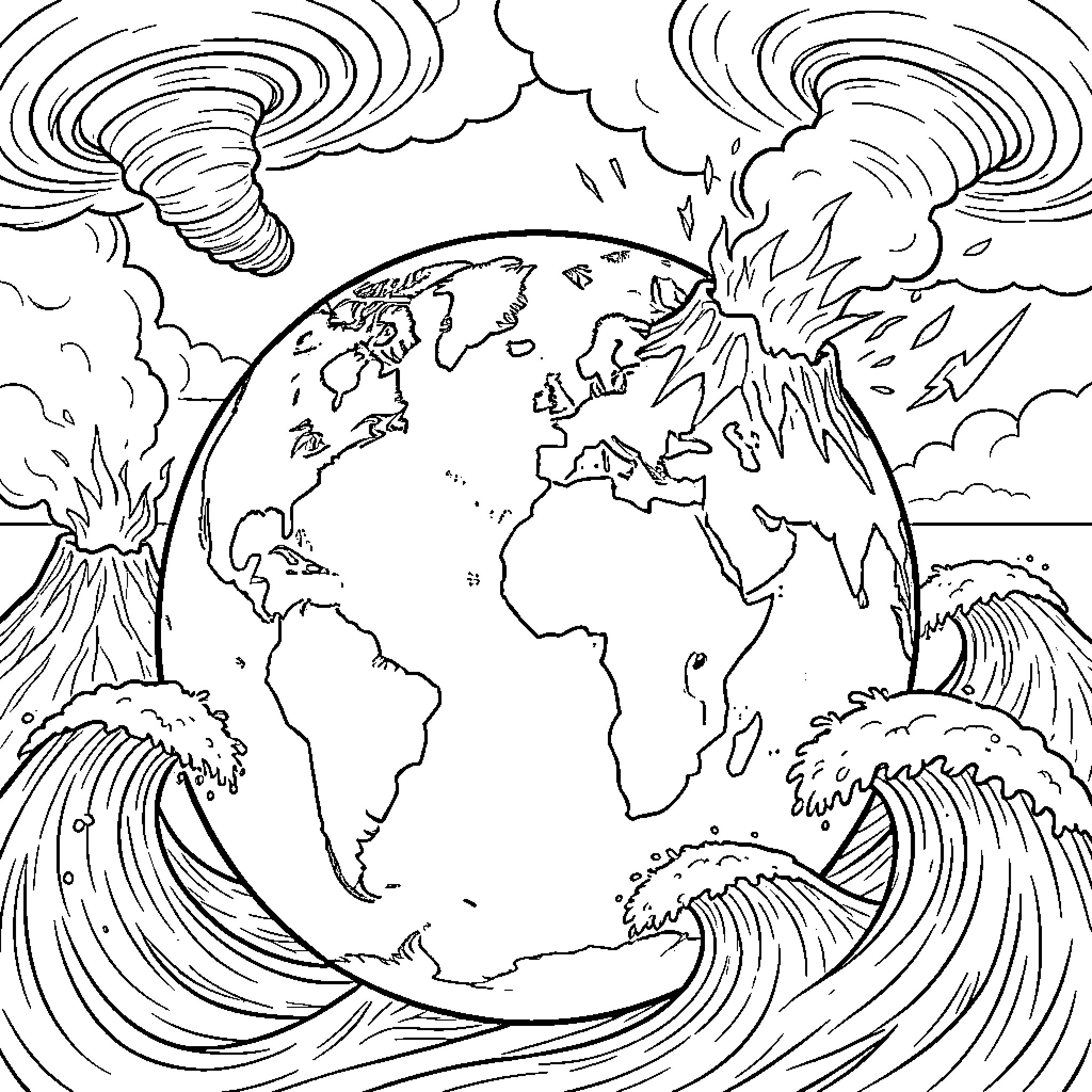 Earth surrounded by natural disasters and powerful storms Coloring Page (free black-and-white line drawing printable PDF for all, from beginners to advanced learners, including children, teens, adults, and seniors)