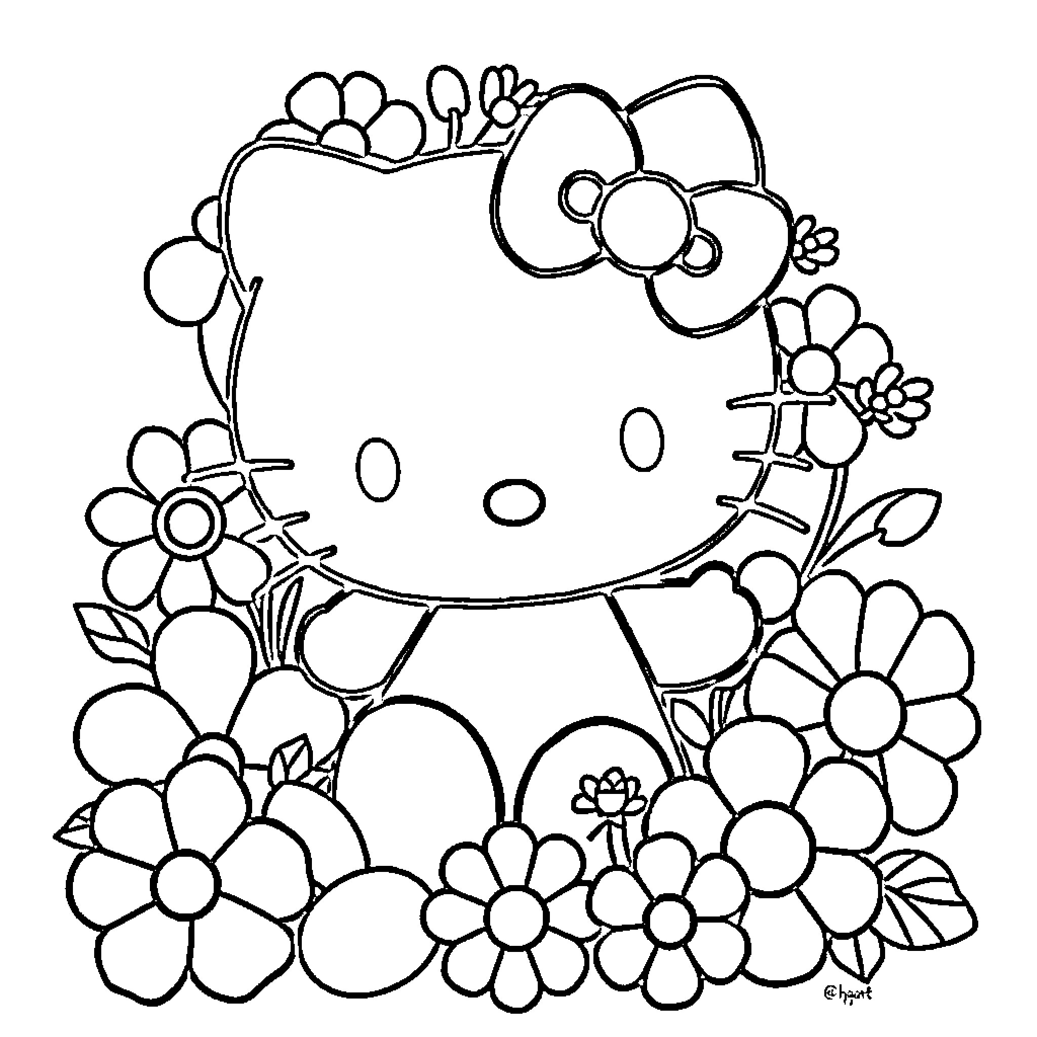 Hello Kitty in a floral garden Coloring Page (free black-and-white line drawing printable PDF for all, from beginners to advanced learners, including children, teens, adults, and seniors)