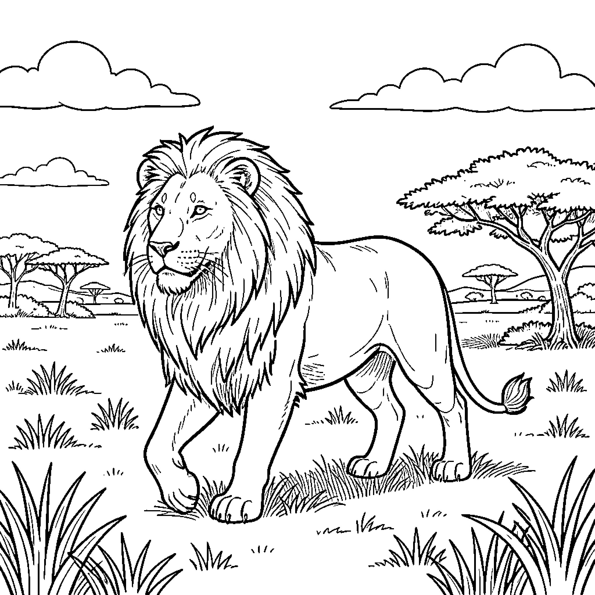 Lion walking majestically through the African savanna Coloring Page (free black-and-white line drawing printable PDF for all, from beginners to advanced learners, including children, teens, adults, and seniors)