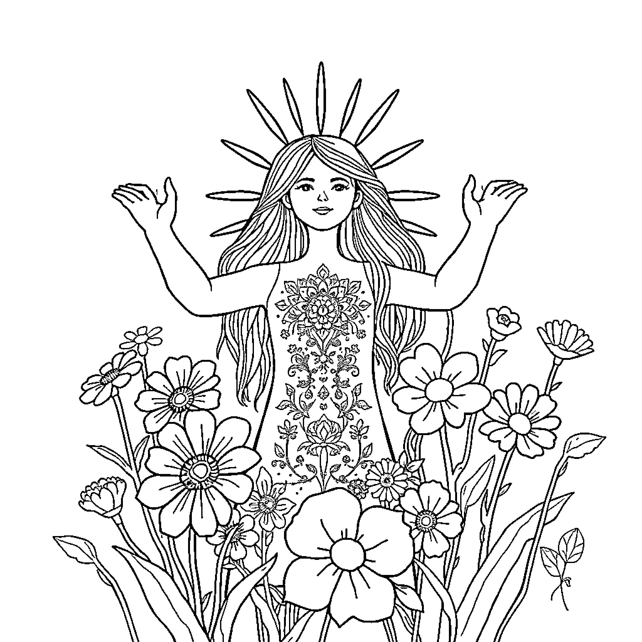 Person surrounded by flowers with outstretched arms Coloring Page (free black-and-white line drawing printable PDF for all, from beginners to advanced learners, including children, teens, adults, and seniors)
