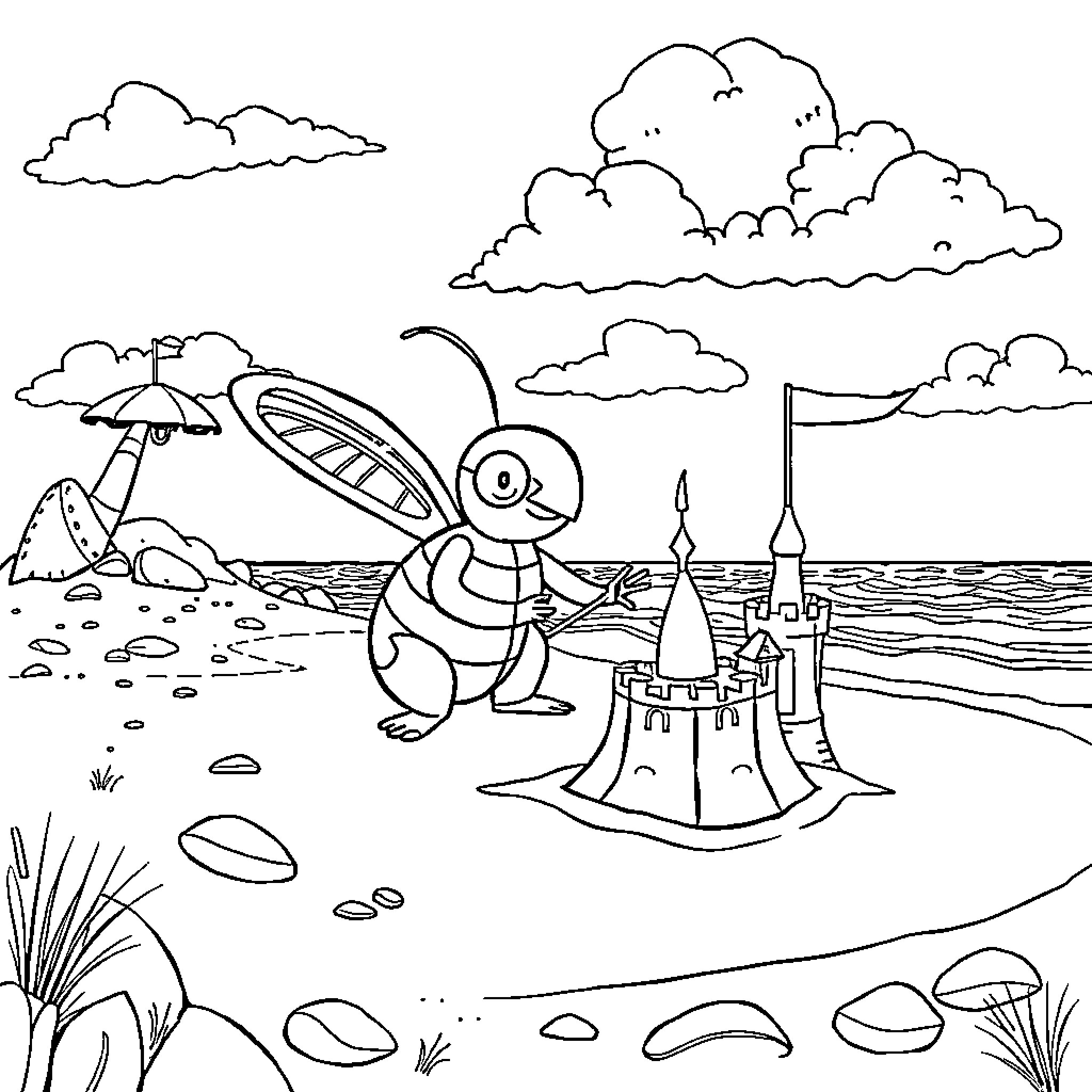 Paw Patrol characters in beach scene with sandcastle Coloring Page (free black-and-white line drawing printable PDF for all, from beginners to advanced learners, including children, teens, adults, and seniors)