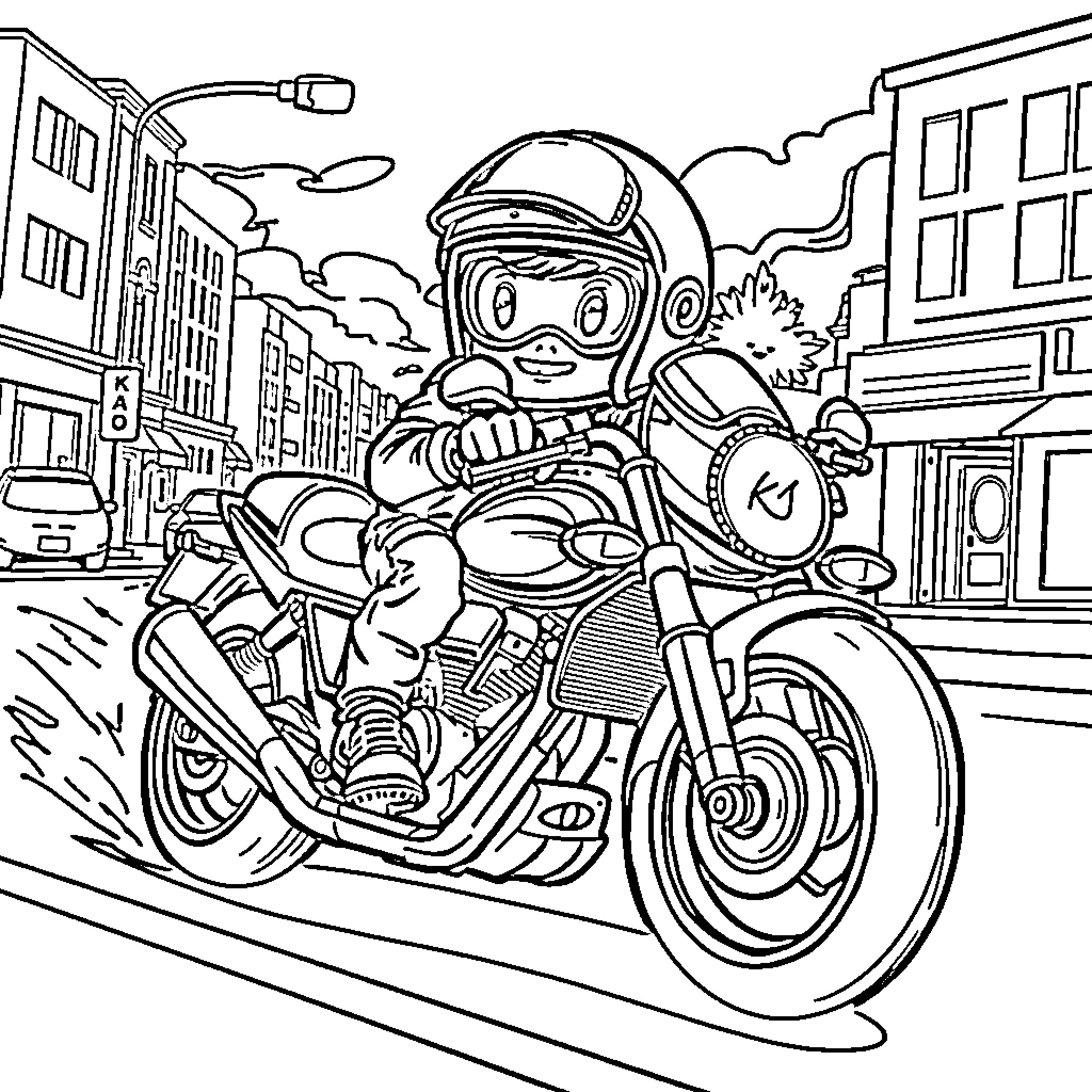 Kid Danger Riding Motorcycle in the City Coloring Page (free black-and-white line drawing printable PDF for all, from beginners to advanced learners, including children, teens, adults, and seniors)
