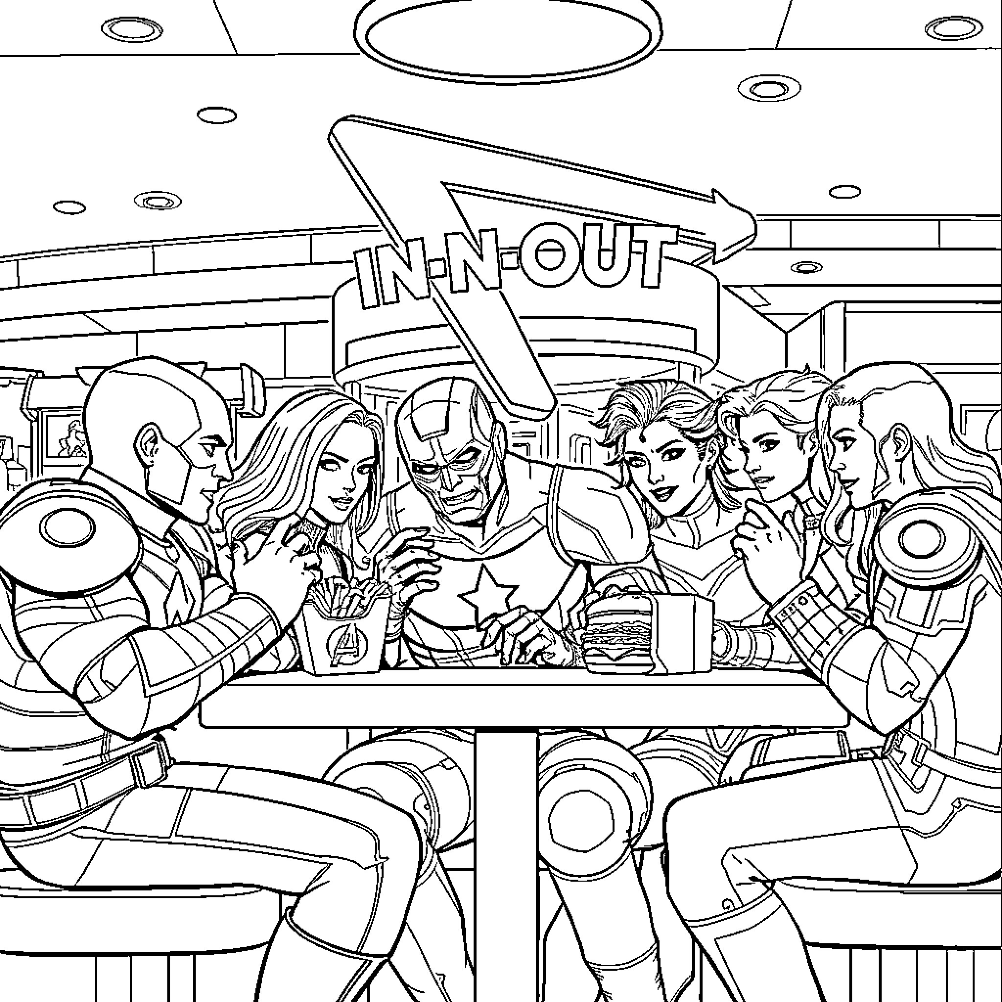 Avenger heroes gathering for a meal at the diner Coloring Page (free black-and-white line drawing printable PDF for all, from beginners to advanced learners, including children, teens, adults, and seniors)