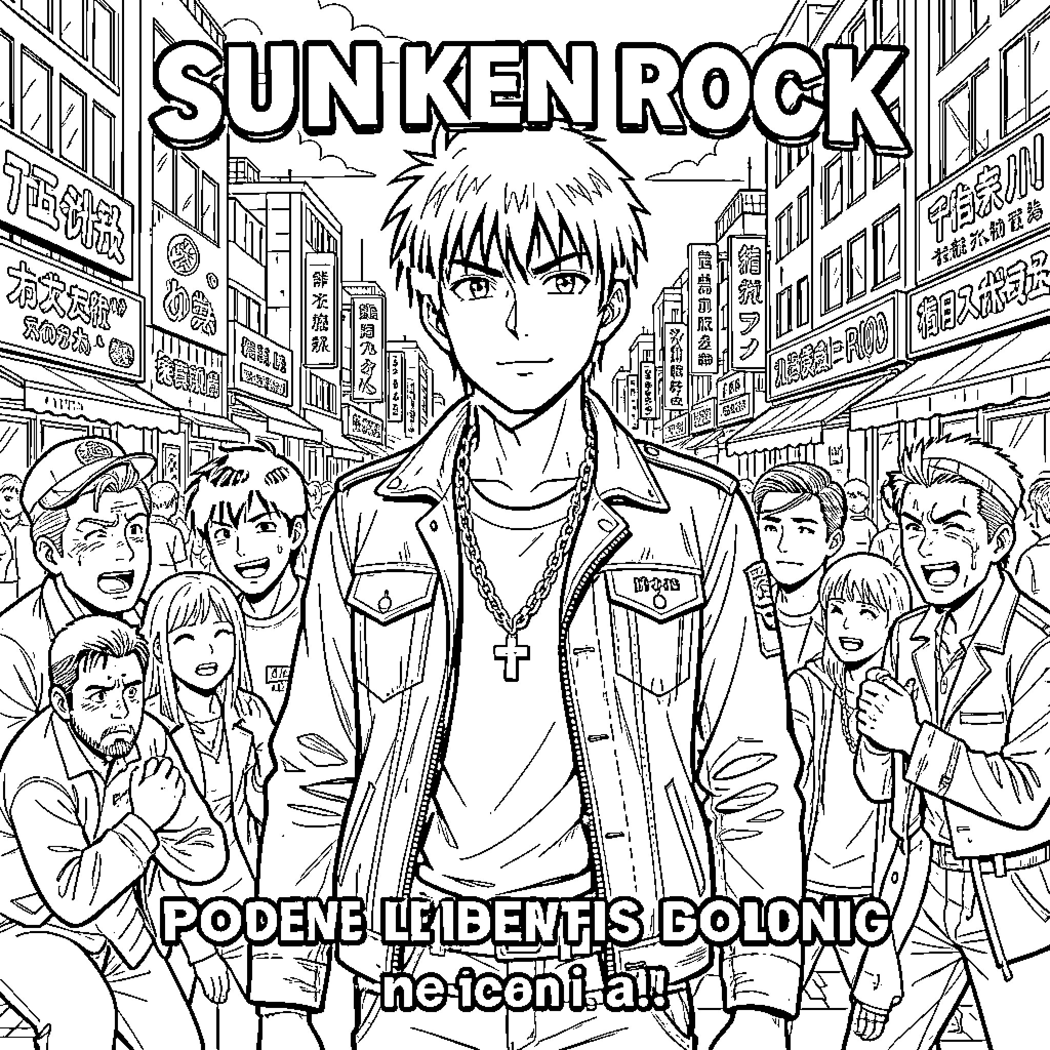 Sun Ken Rock standing confidently amidst a crowd Coloring Page (free black-and-white line drawing printable PDF for all, from beginners to advanced learners, including children, teens, adults, and seniors)