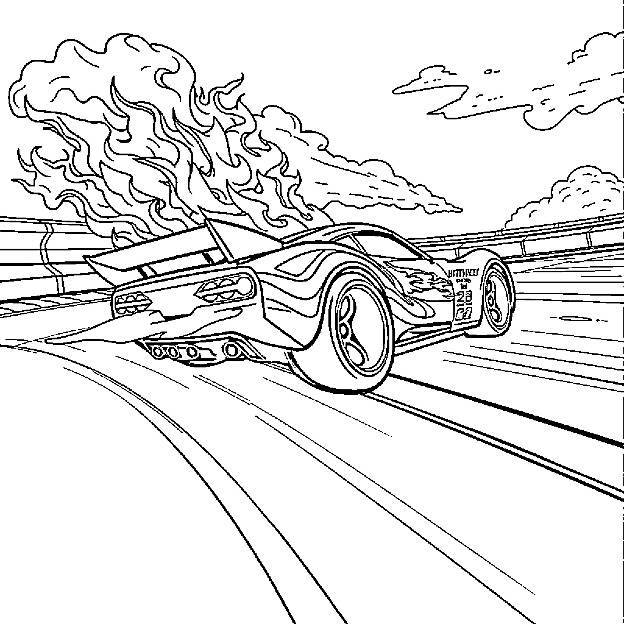 Hot Wheels racing on the track with speed and flames Coloring Page (free black-and-white line drawing printable PDF for all, from beginners to advanced learners, including children, teens, adults, and seniors)