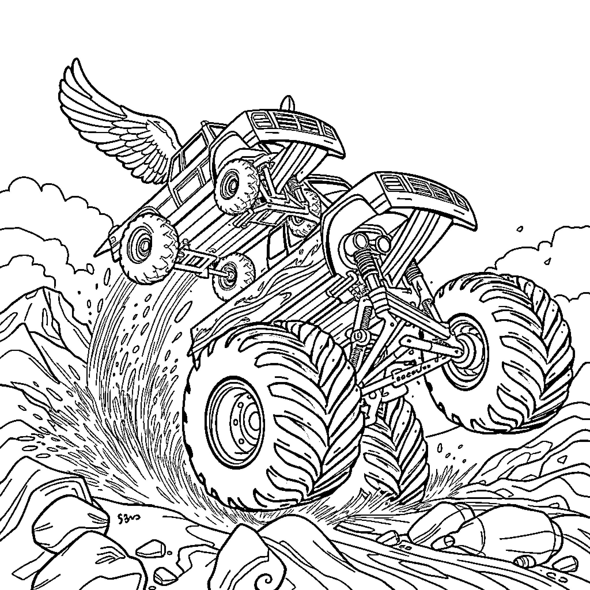 Monster Truck Soaring Over Rugged Terrain Coloring Page (free black-and-white line drawing printable PDF for all, from beginners to advanced learners, including children, teens, adults, and seniors)