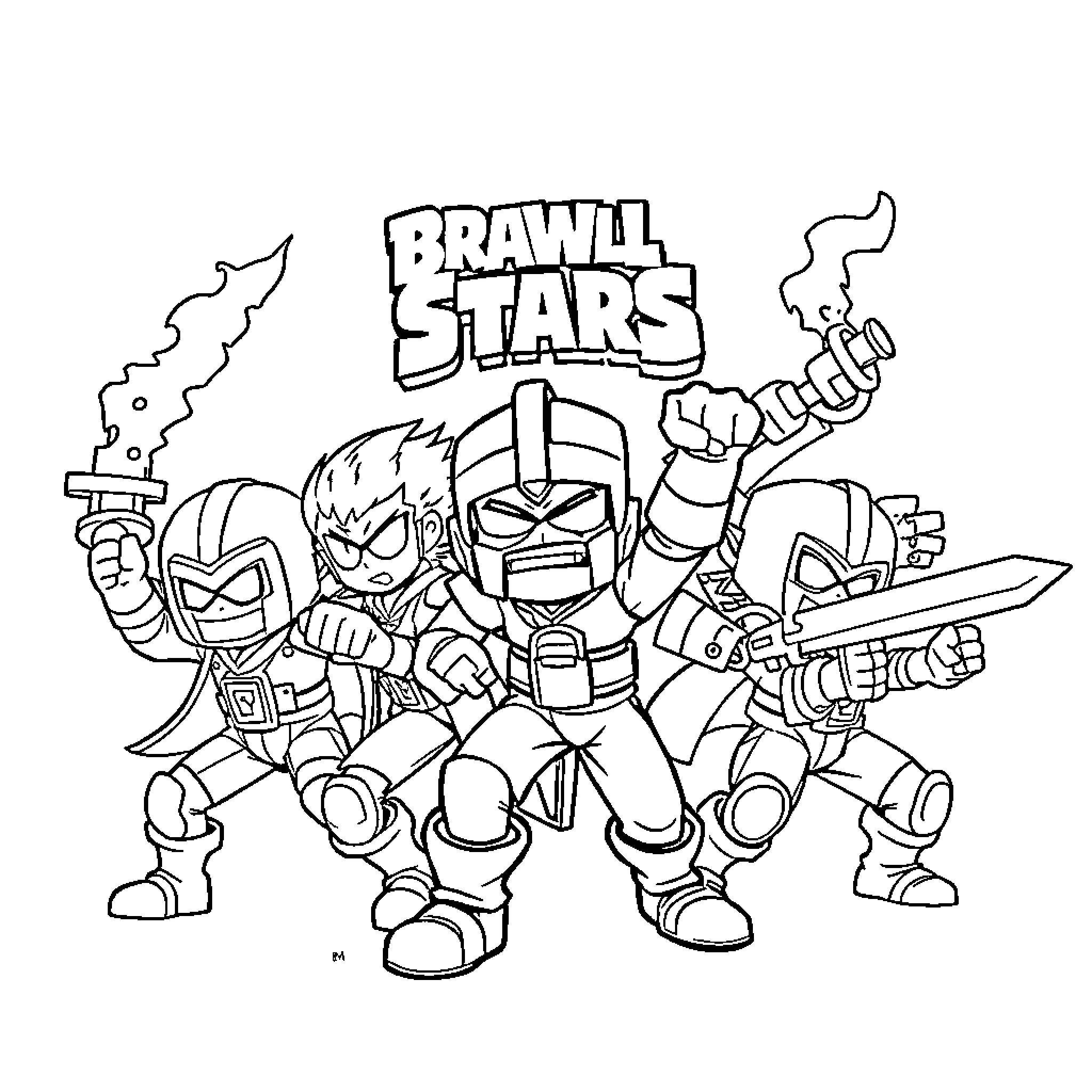 Brawlstar characters in action-packed battle Coloring Page (free black-and-white line drawing printable PDF for all, from beginners to advanced learners, including children, teens, adults, and seniors)