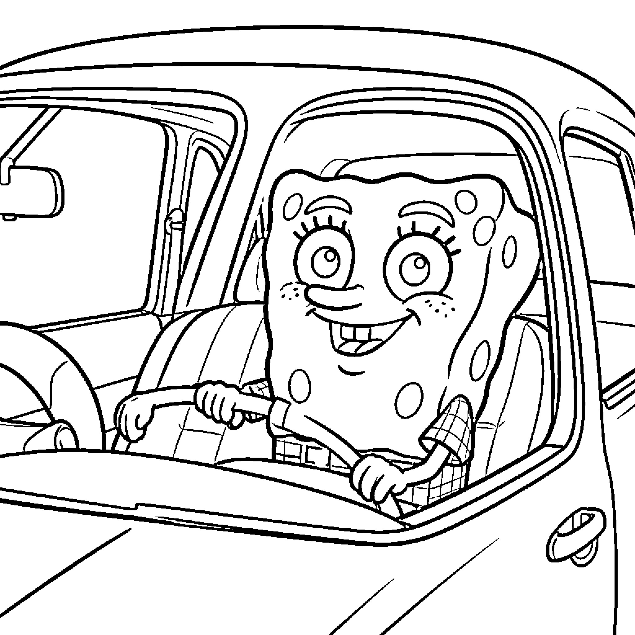 Bob l'éponge driving a car with a happy expression Coloring Page (free black-and-white line drawing printable PDF for all, from beginners to advanced learners, including children, teens, adults, and seniors)