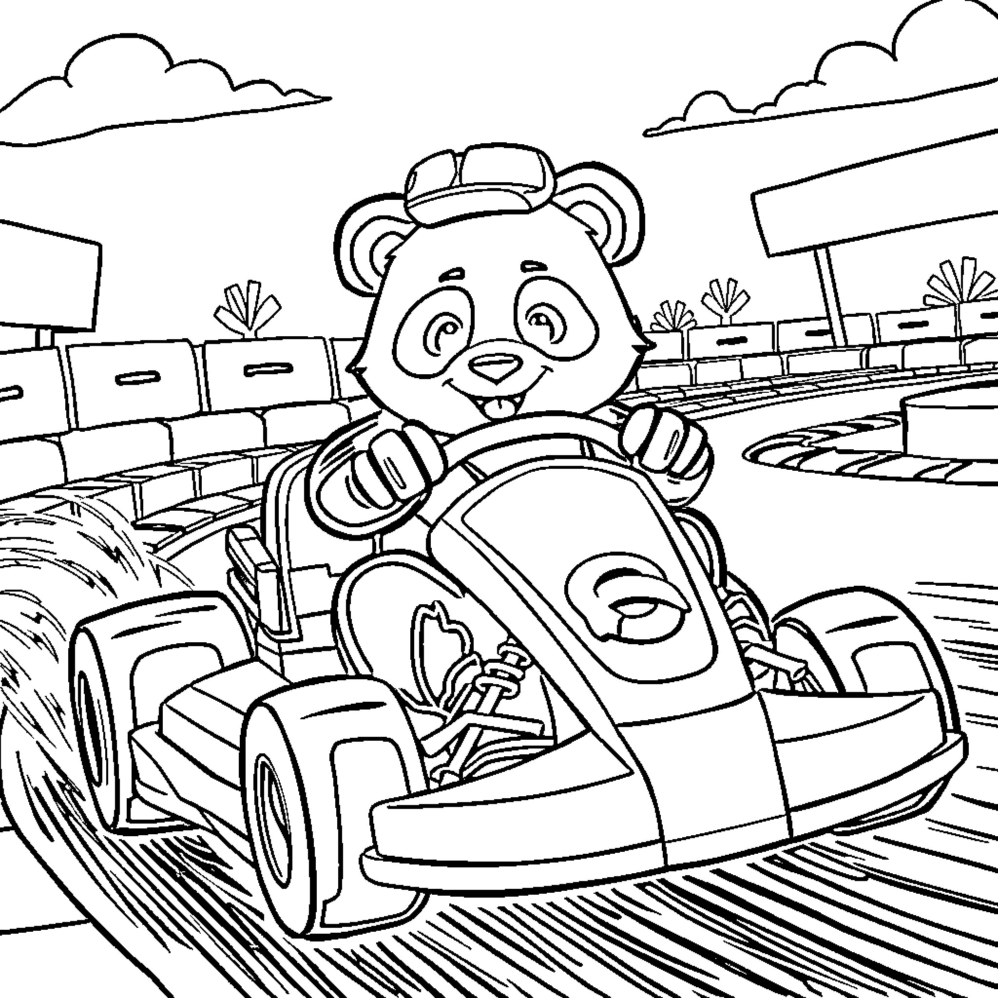 Dj Panda racing in go-kart adventure Coloring Page (free black-and-white line drawing printable PDF for all, from beginners to advanced learners, including children, teens, adults, and seniors)