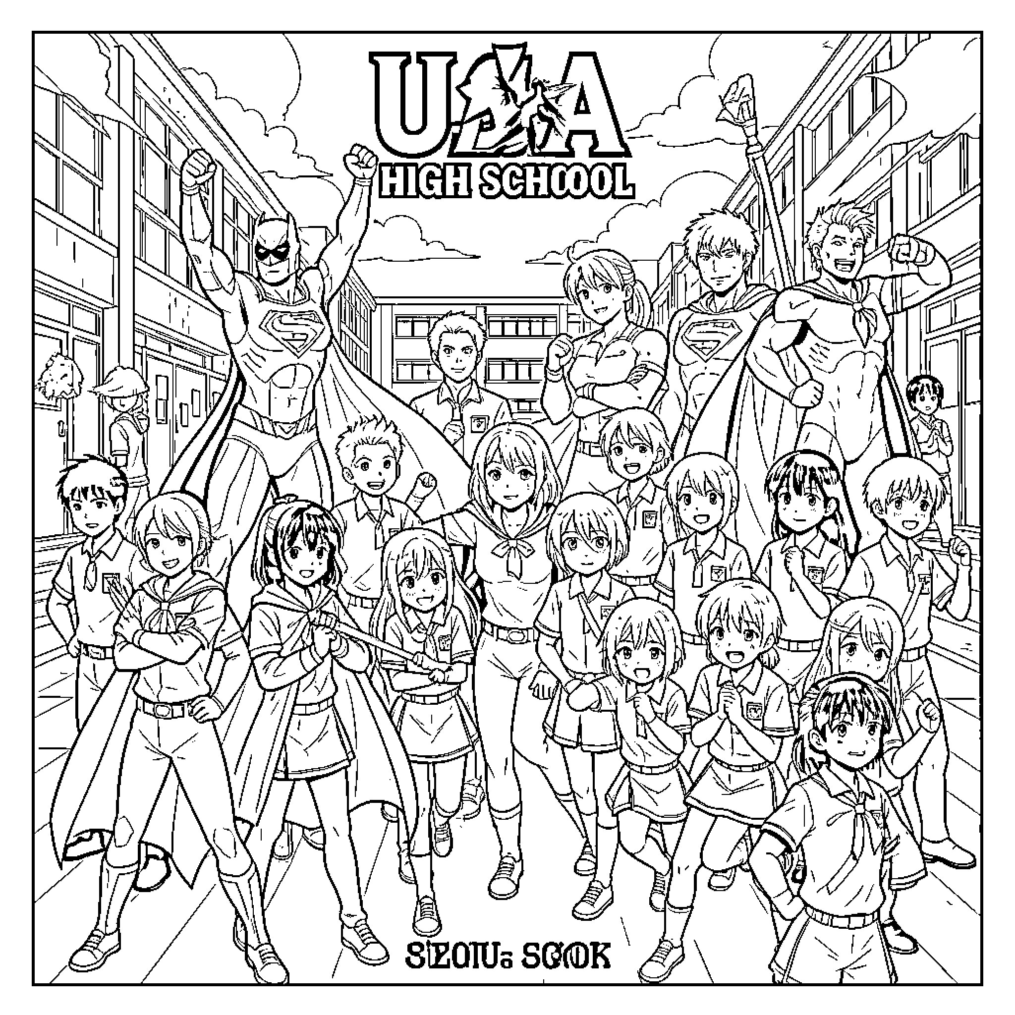 My Hero Academia students in action at U.A. High School Coloring Page (free black-and-white line drawing printable PDF for all, from beginners to advanced learners, including children, teens, adults, and seniors)