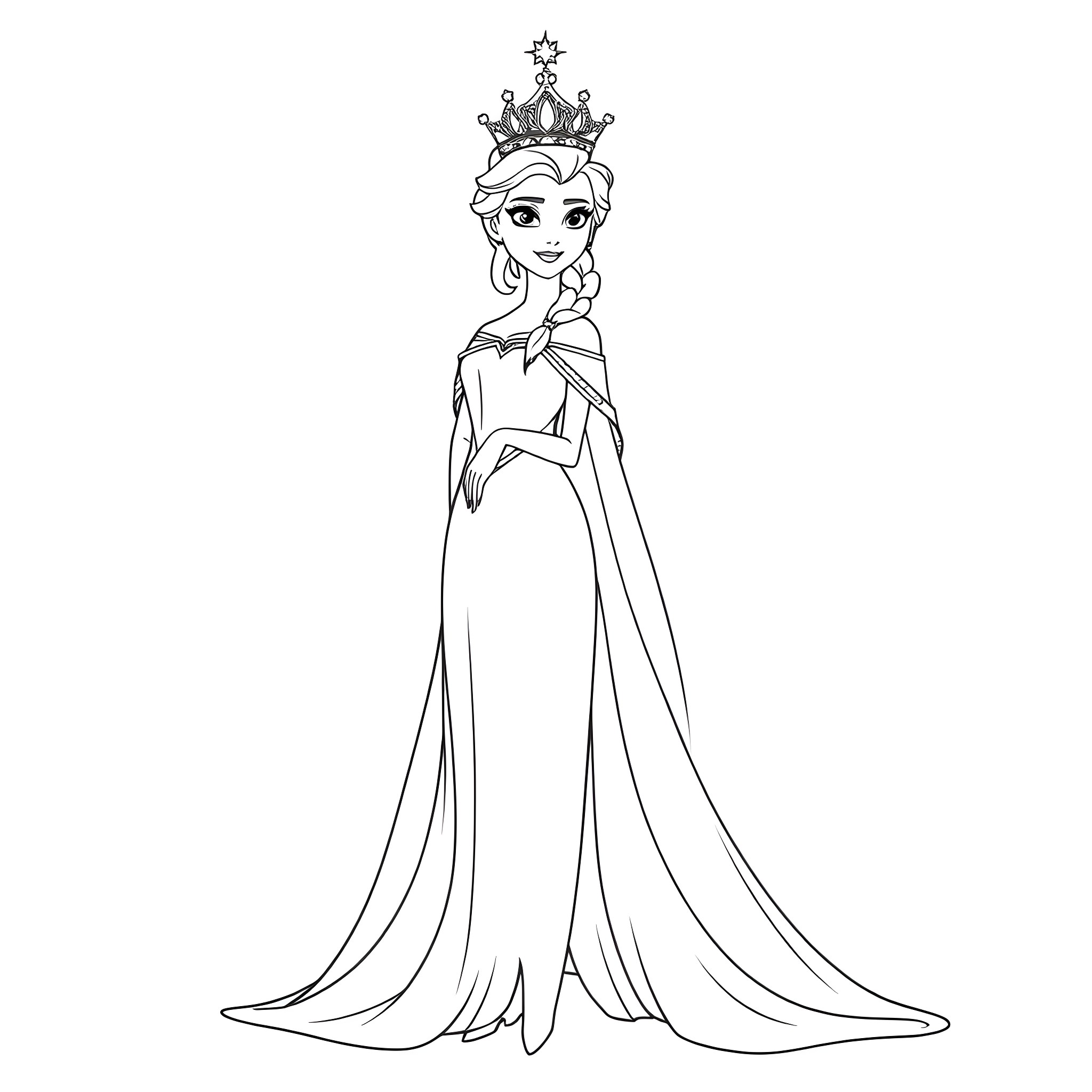 Elsa posing gracefully in her royal gown Coloring Page (free black-and-white line drawing printable PDF for all, from beginners to advanced learners, including children, teens, adults, and seniors)