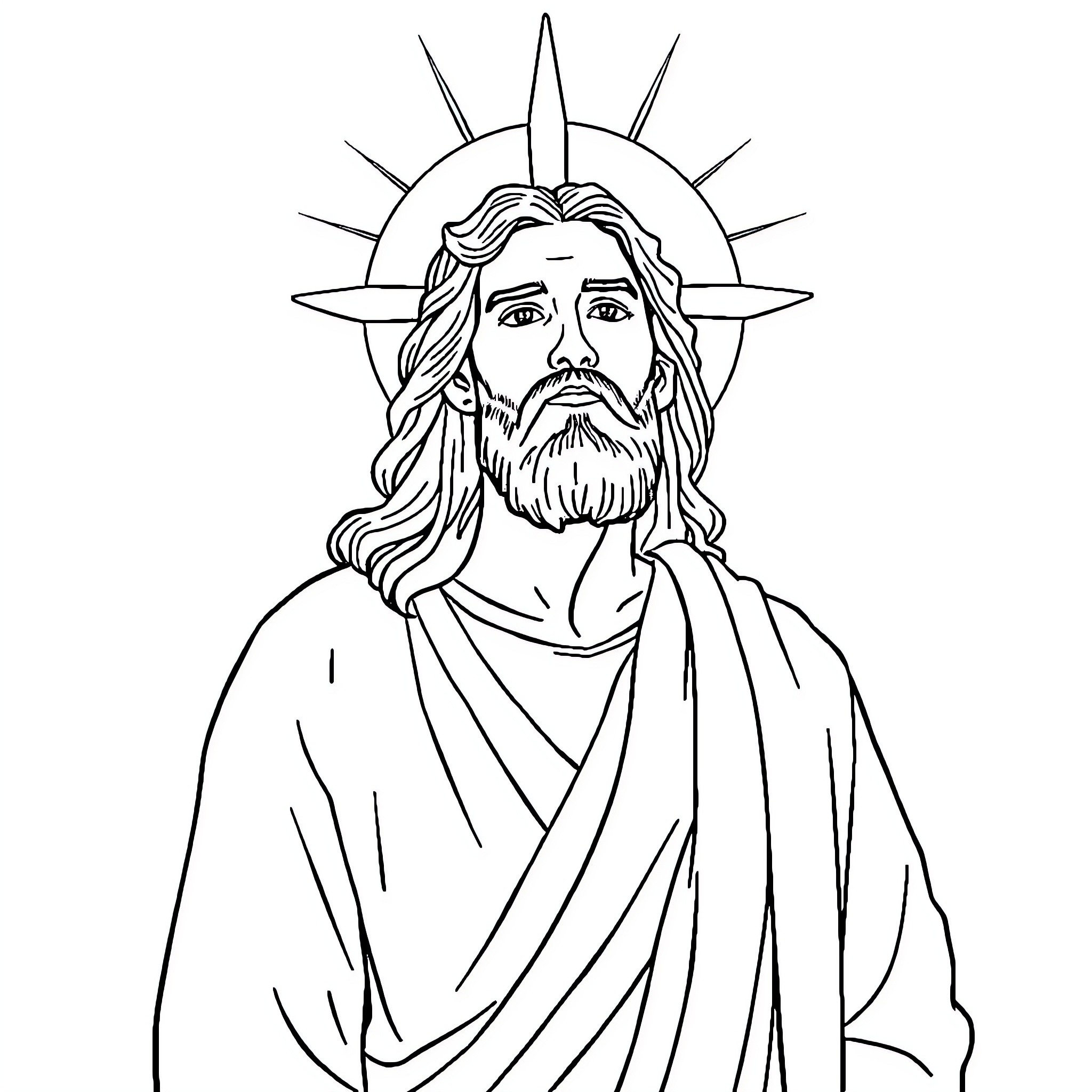 Christian portrait of Jesus with halo and robes Coloring Page (free black-and-white line drawing printable PDF for all, from beginners to advanced learners, including children, teens, adults, and seniors)