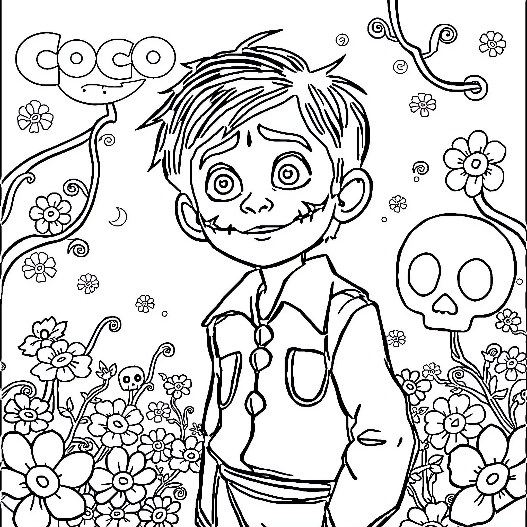 Coco's Playful Adventure Coloring Page (free black-and-white line drawing printable PDF for all, from beginners to advanced learners, including children, teens, adults, and seniors)