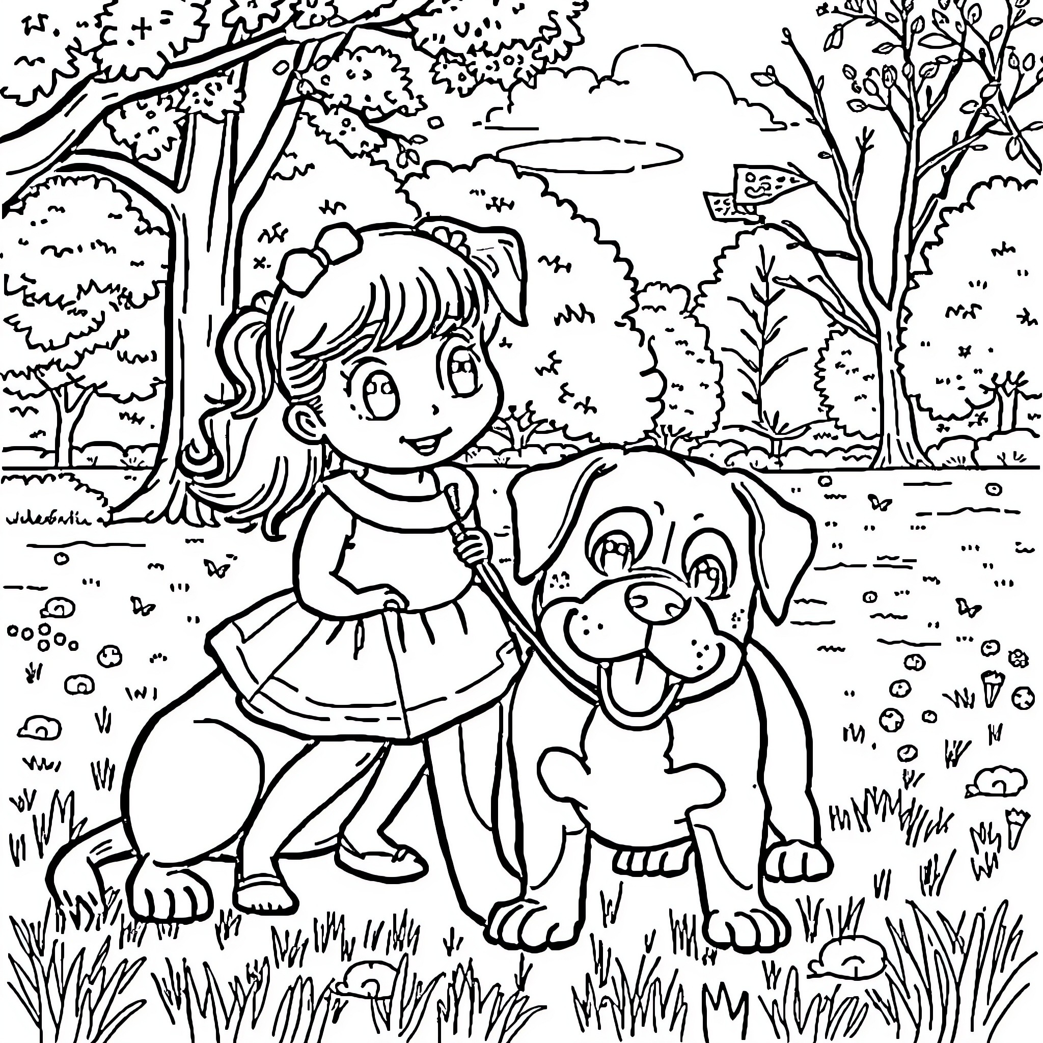 Stella's Joyful Walk with Her Playful Pup Coloring Page (free black-and-white line drawing printable PDF for all, from beginners to advanced learners, including children, teens, adults, and seniors)