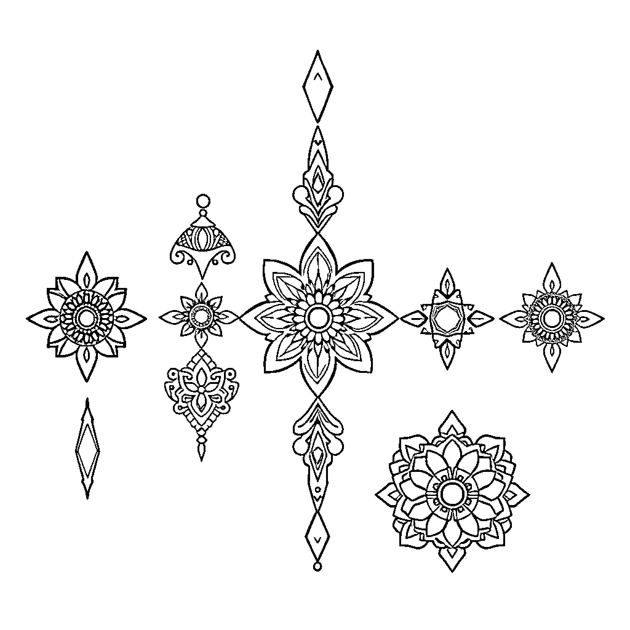 Ornament Floral Designs and Patterns Coloring Page (free black-and-white line drawing printable PDF for all, from beginners to advanced learners, including children, teens, adults, and seniors)