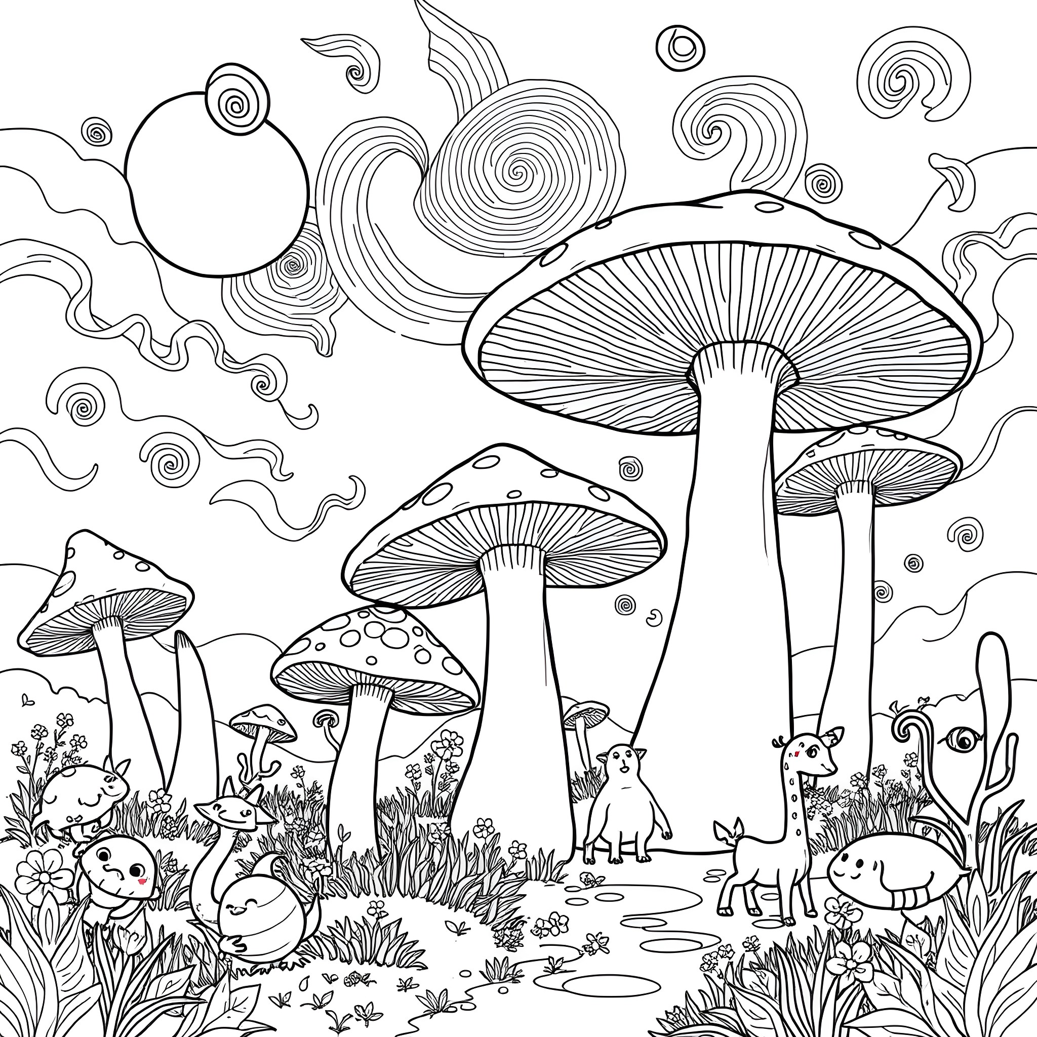 Mushroom Fantasy Landscape with Whimsical Elements Coloring Page (free black-and-white line drawing printable PDF for all, from beginners to advanced learners, including children, teens, adults, and seniors)