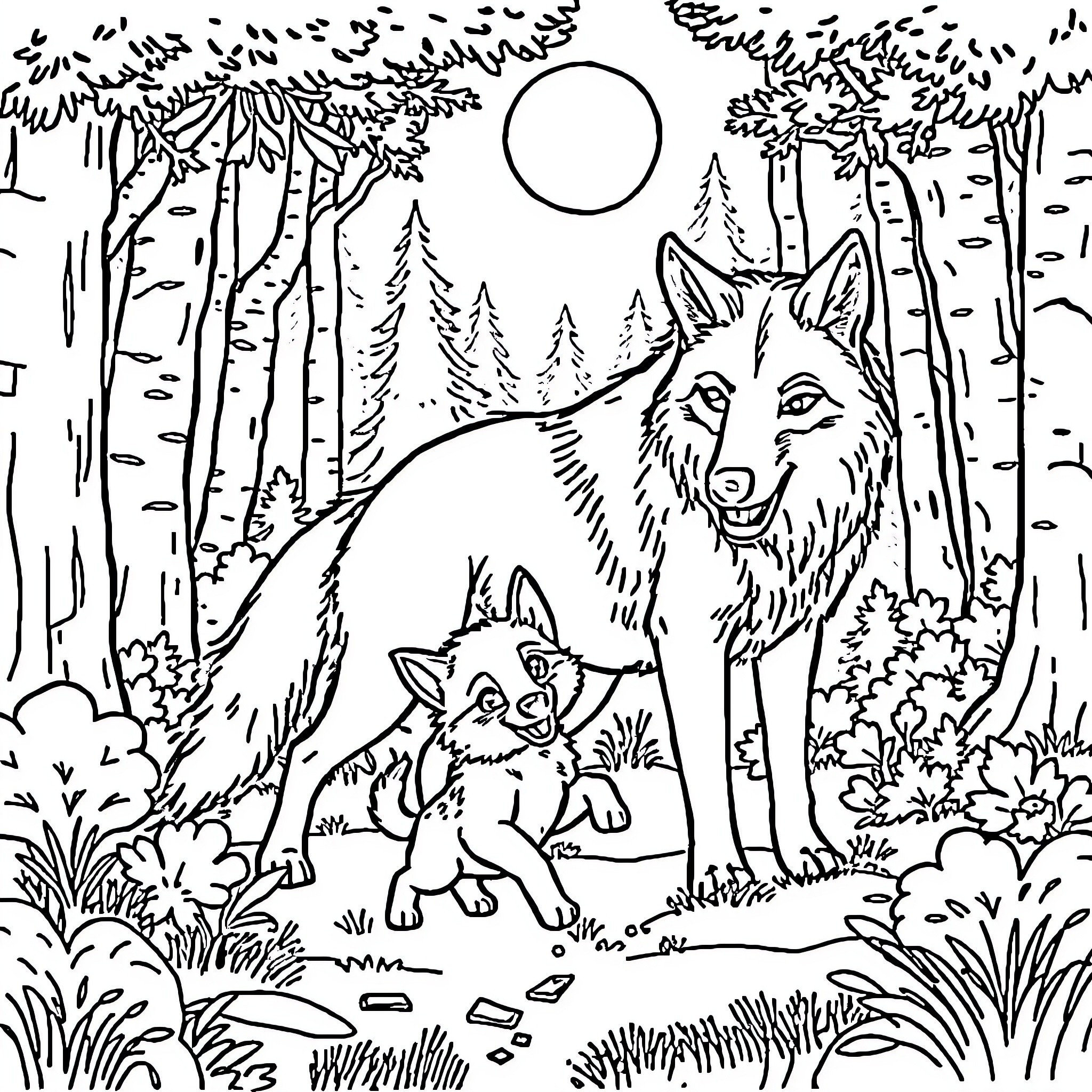 Wolf and cub explore enchanted forest Coloring Page (free black-and-white line drawing printable PDF for all, from beginners to advanced learners, including children, teens, adults, and seniors)