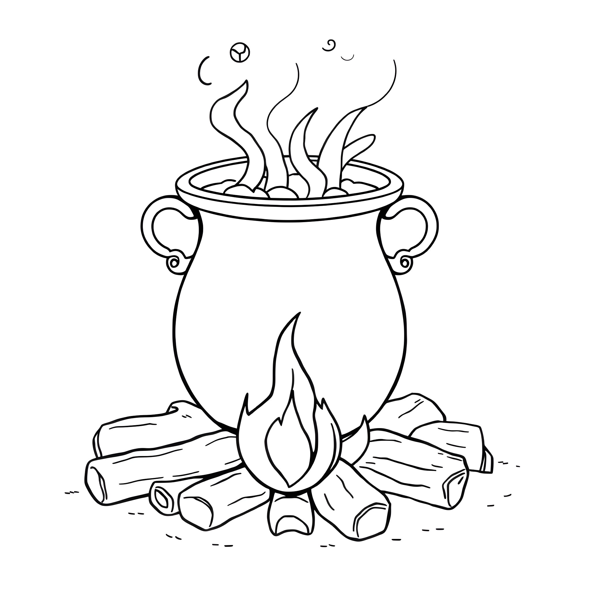 Cauldron with Bubbling Brew and Burning Logs Coloring Page (free black-and-white line drawing printable PDF for all, from beginners to advanced learners, including children, teens, adults, and seniors)
