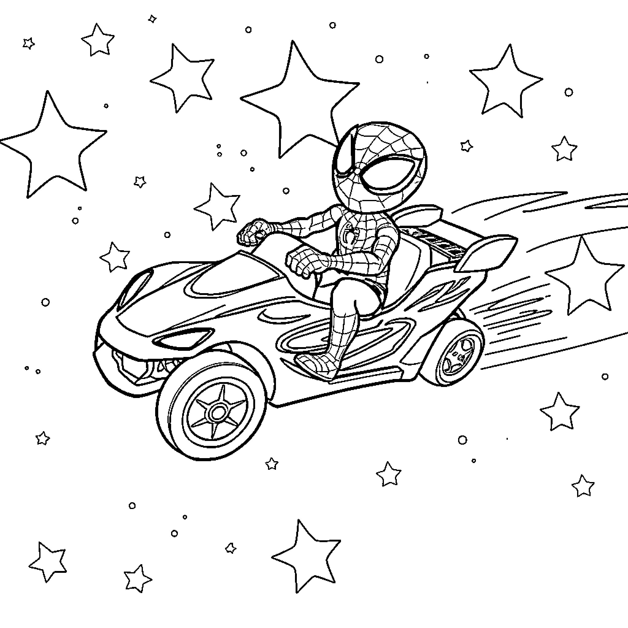 Spidey's Cosmic Car Chase Adventure Coloring Page (free black-and-white line drawing printable PDF for all, from beginners to advanced learners, including children, teens, adults, and seniors)