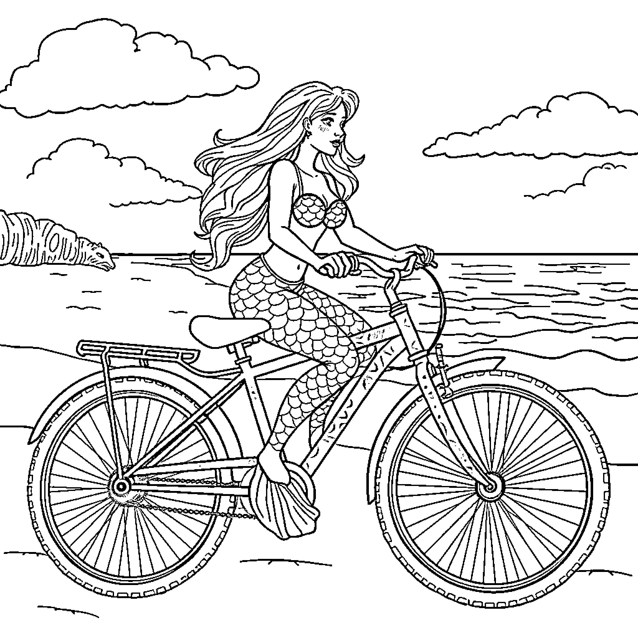 Mermaid riding a bicycle by the beach Coloring Page (free black-and-white line drawing printable PDF for all, from beginners to advanced learners, including children, teens, adults, and seniors)