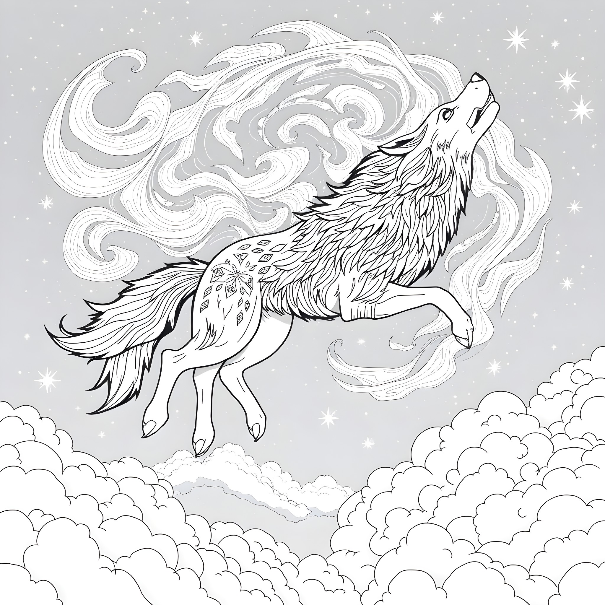 Spirit of the Howling Wolf in the Starry Night Sky Coloring Page (free black-and-white line drawing printable PDF for all, from beginners to advanced learners, including children, teens, adults, and seniors)