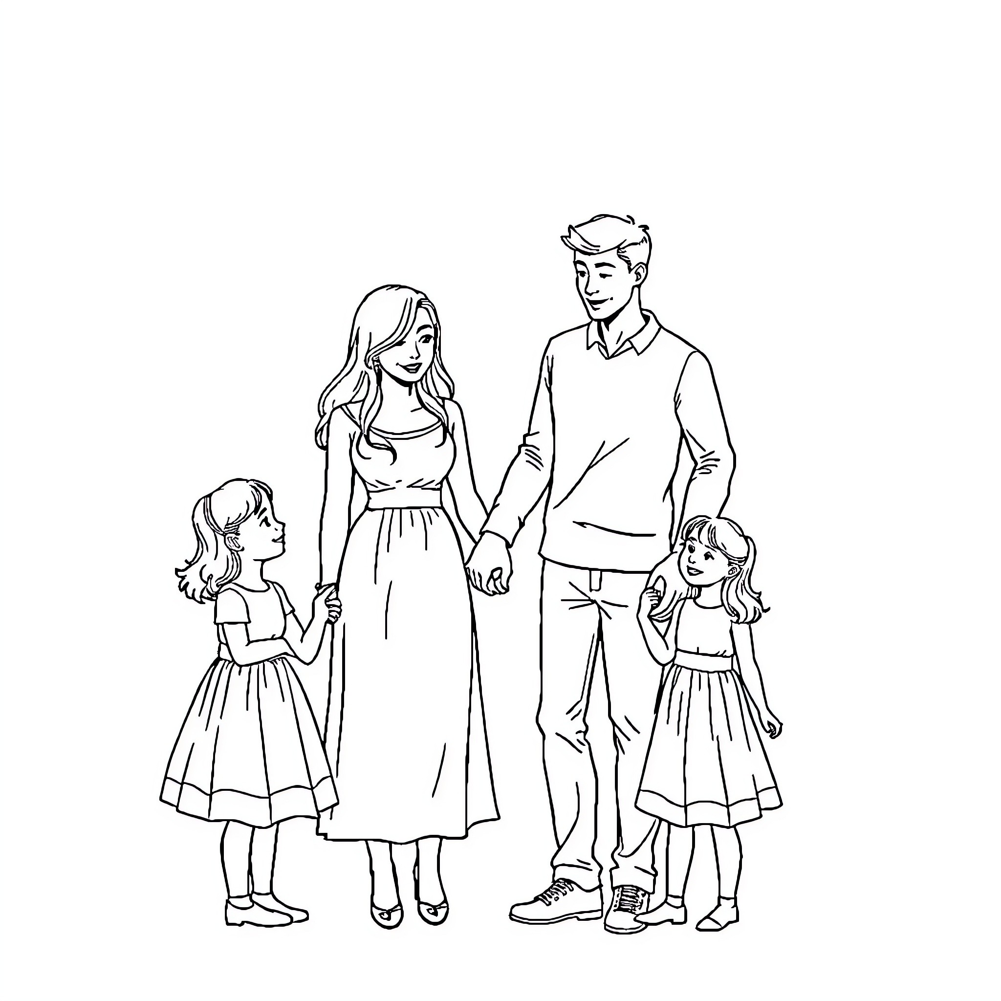 Family Enjoying a Day Together Coloring Page (free black-and-white line drawing printable PDF for all, from beginners to advanced learners, including children, teens, adults, and seniors)