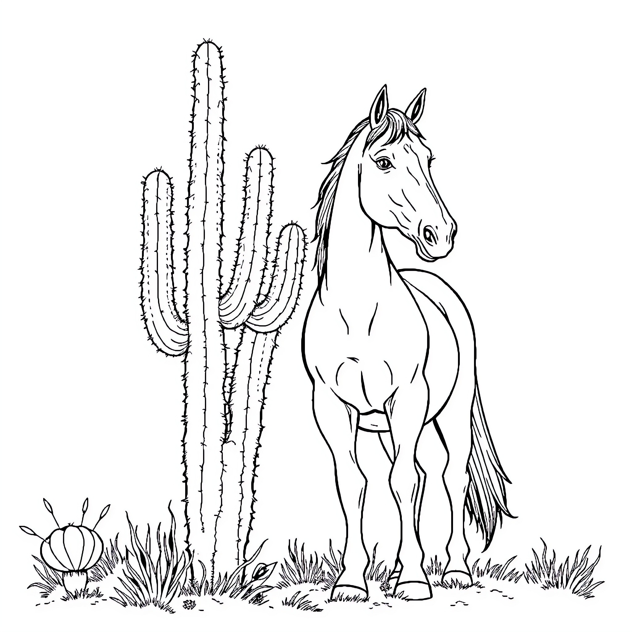 Cactus and Horse in Desert Landscape Coloring Page (free black-and-white line drawing printable PDF for all, from beginners to advanced learners, including children, teens, adults, and seniors)