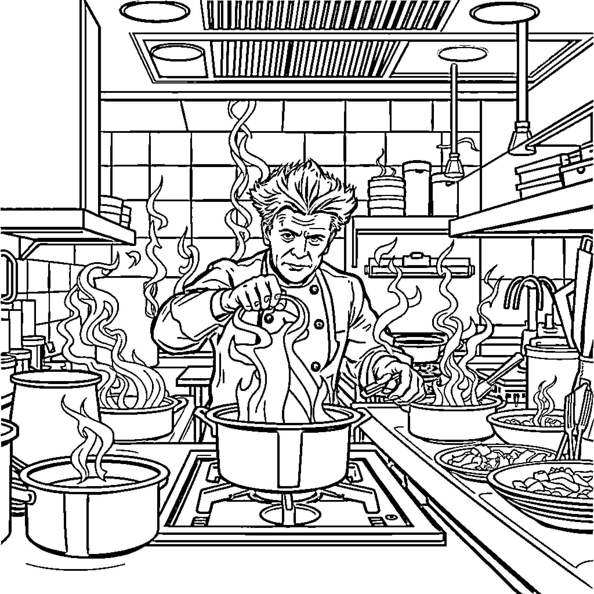 Gordon Ramsay's Intense Culinary Masterpiece Coloring Page (free black-and-white line drawing printable PDF for all, from beginners to advanced learners, including children, teens, adults, and seniors)