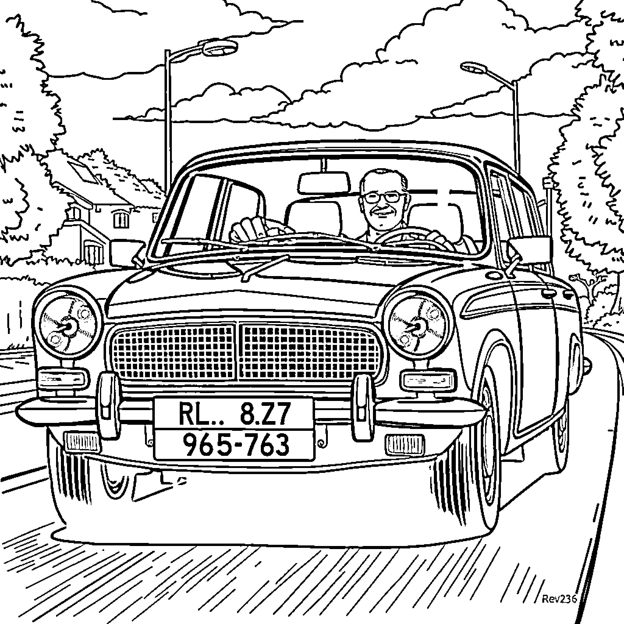 Phil Collins driving vintage car on scenic road Coloring Page (free black-and-white line drawing printable PDF for all, from beginners to advanced learners, including children, teens, adults, and seniors)