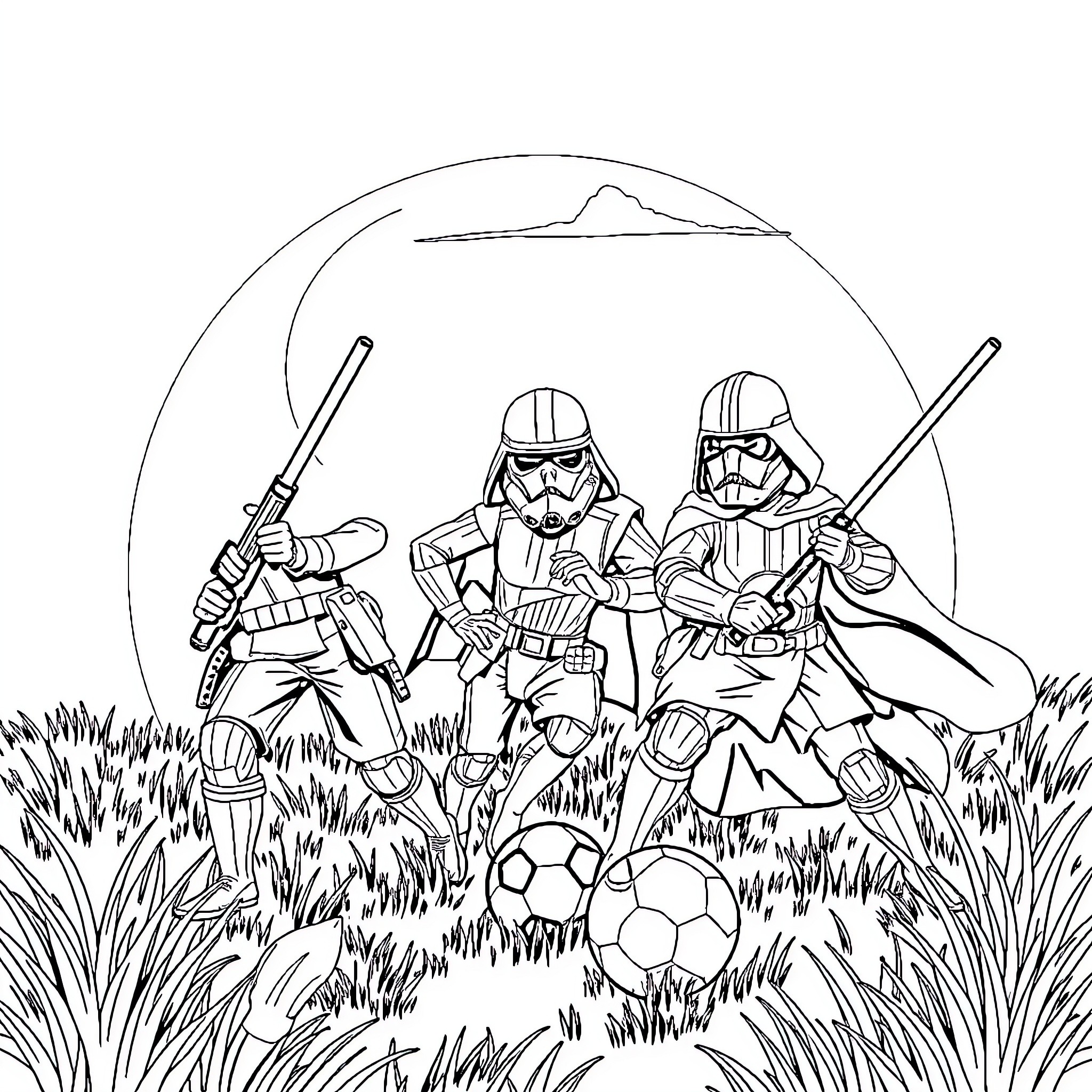 Star Wars Troopers Engage in Intense Outdoor Battle Coloring Page (free black-and-white line drawing printable PDF for all, from beginners to advanced learners, including children, teens, adults, and seniors)