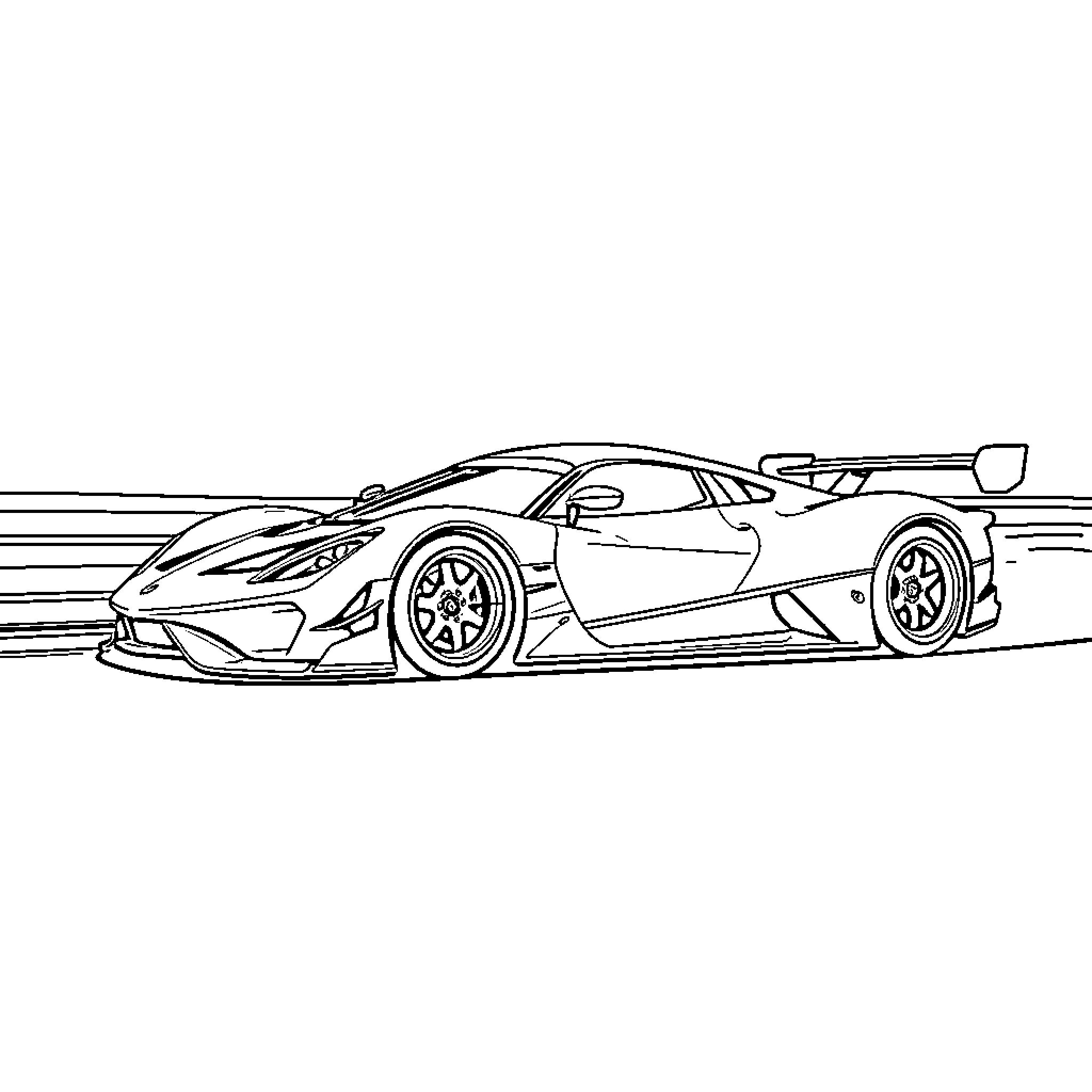 Racing Car speeding down the track Coloring Page (free black-and-white line drawing printable PDF for all, from beginners to advanced learners, including children, teens, adults, and seniors)