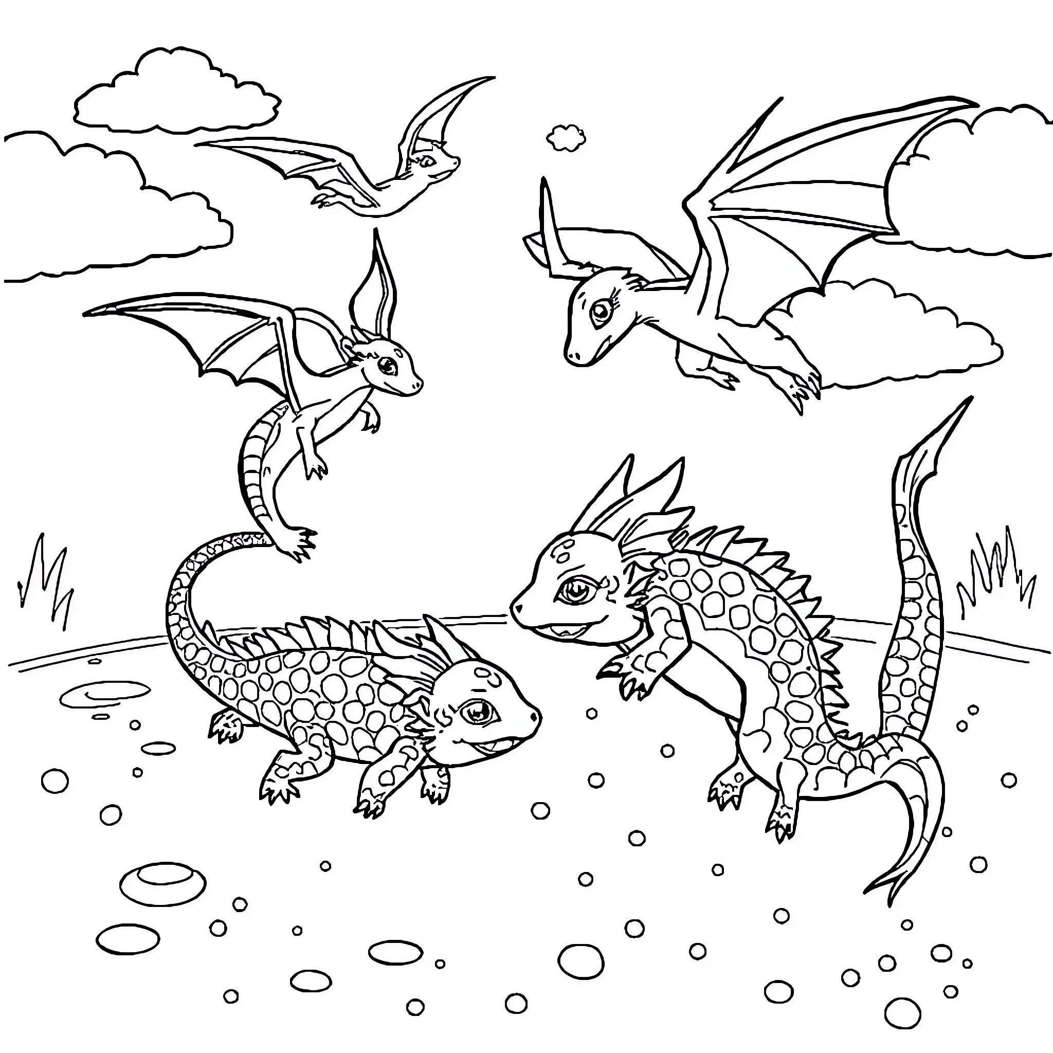 Dragon Hatchlings Exploring Cloudy Skies Coloring Page (free black-and-white line drawing printable PDF for all, from beginners to advanced learners, including children, teens, adults, and seniors)
