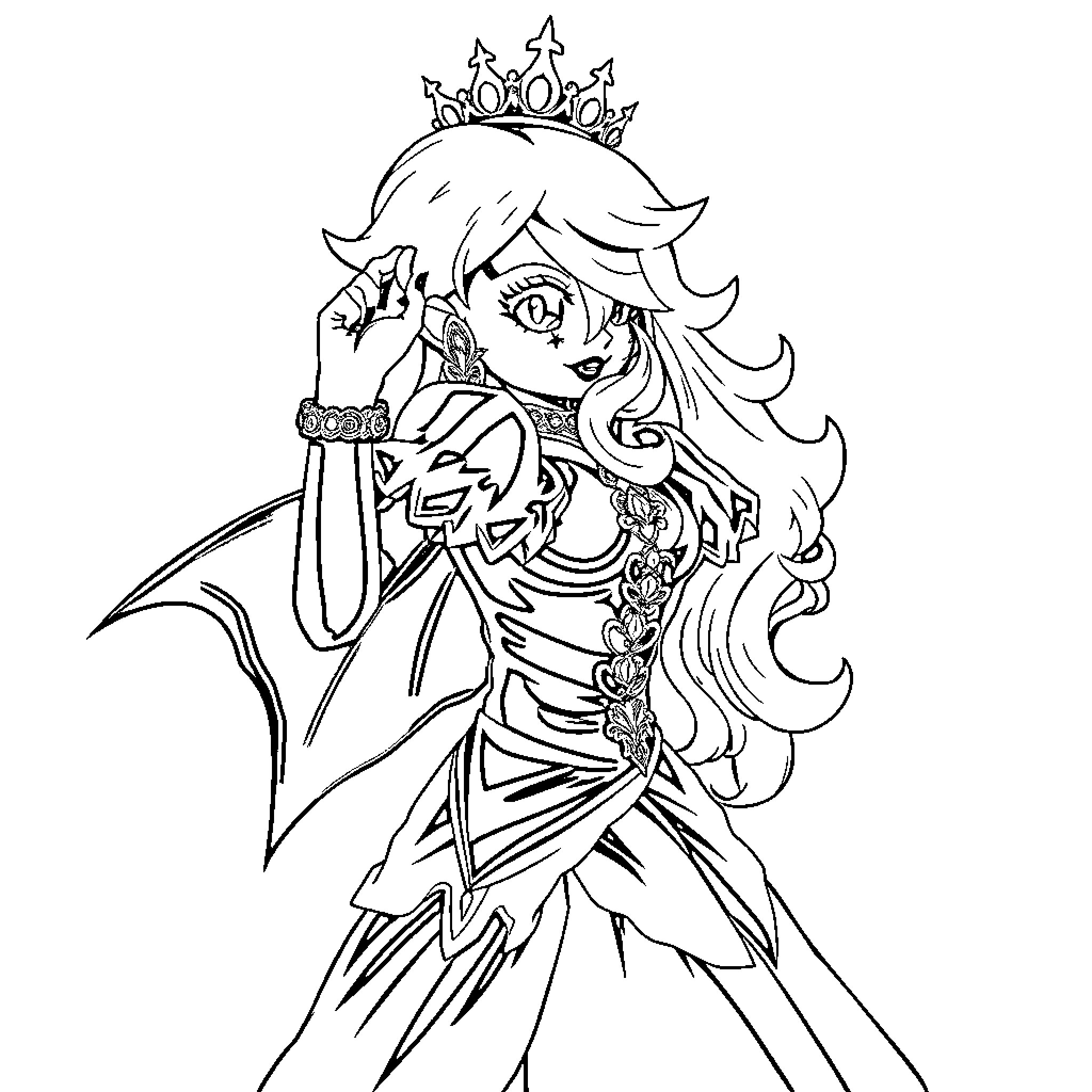 Princess in Elegant Dress Holding Scepter Coloring Page (free black-and-white line drawing printable PDF for all, from beginners to advanced learners, including children, teens, adults, and seniors)