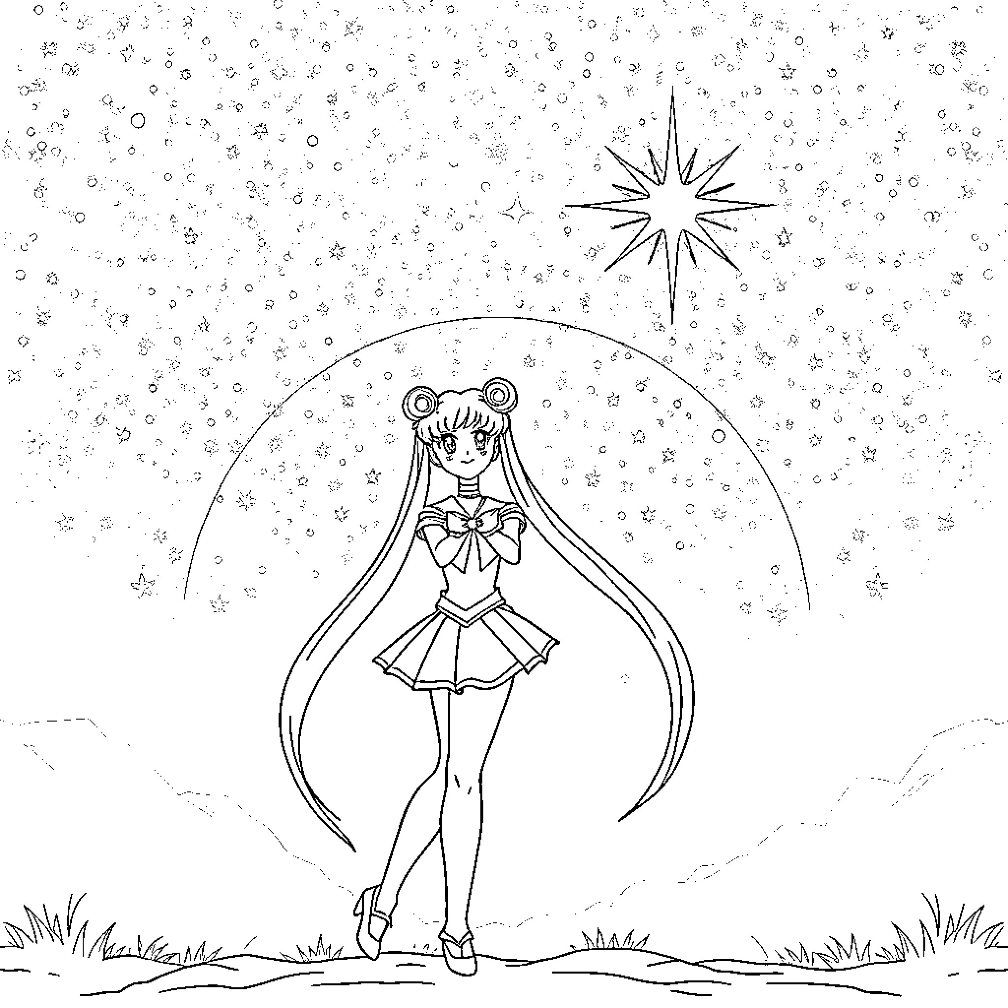 Sailor Moon Gazing at Starry Sky Coloring Page (free black-and-white line drawing printable PDF for all, from beginners to advanced learners, including children, teens, adults, and seniors)