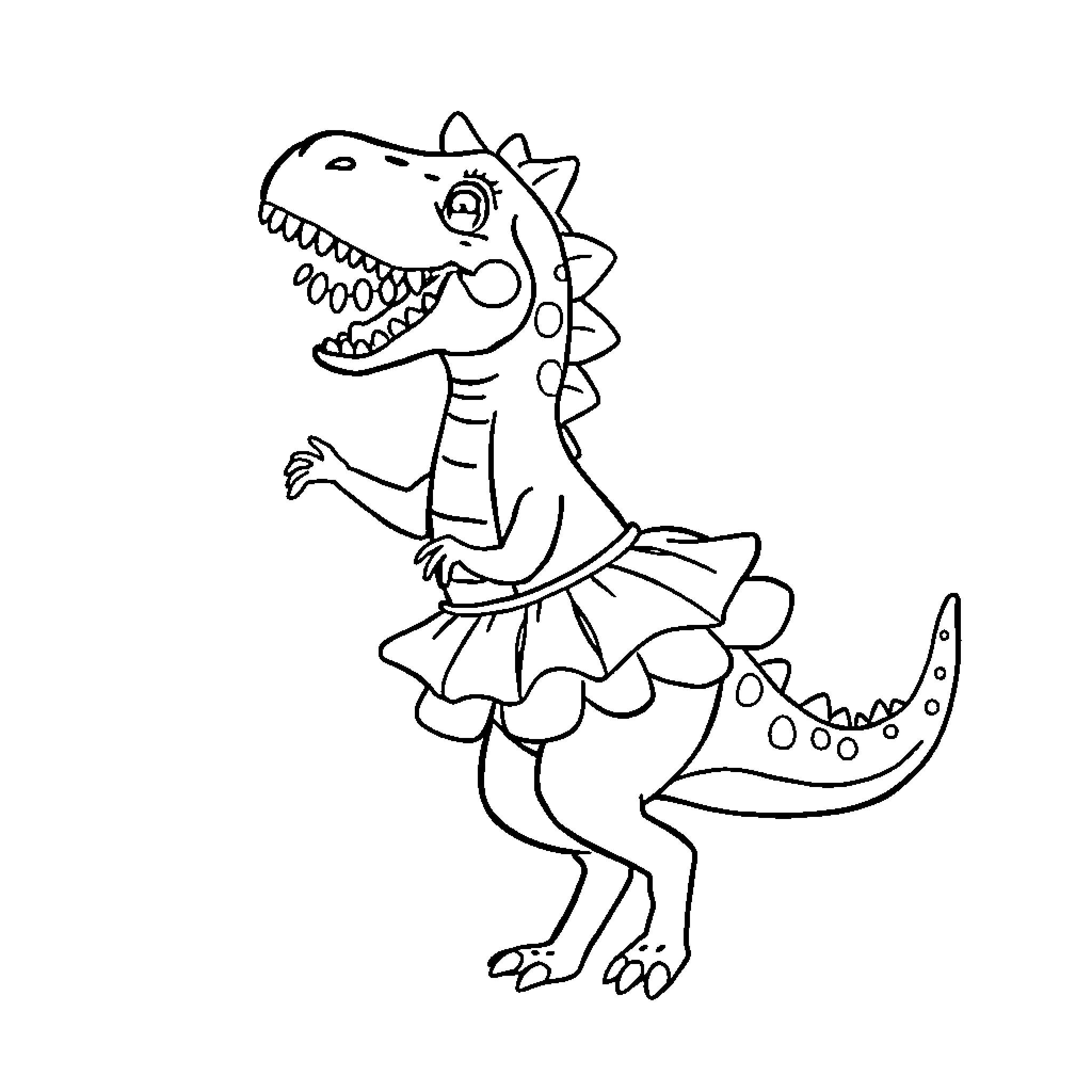 Dinosaur wearing a dress and dancing happily Coloring Page (free black-and-white line drawing printable PDF for all, from beginners to advanced learners, including children, teens, adults, and seniors)