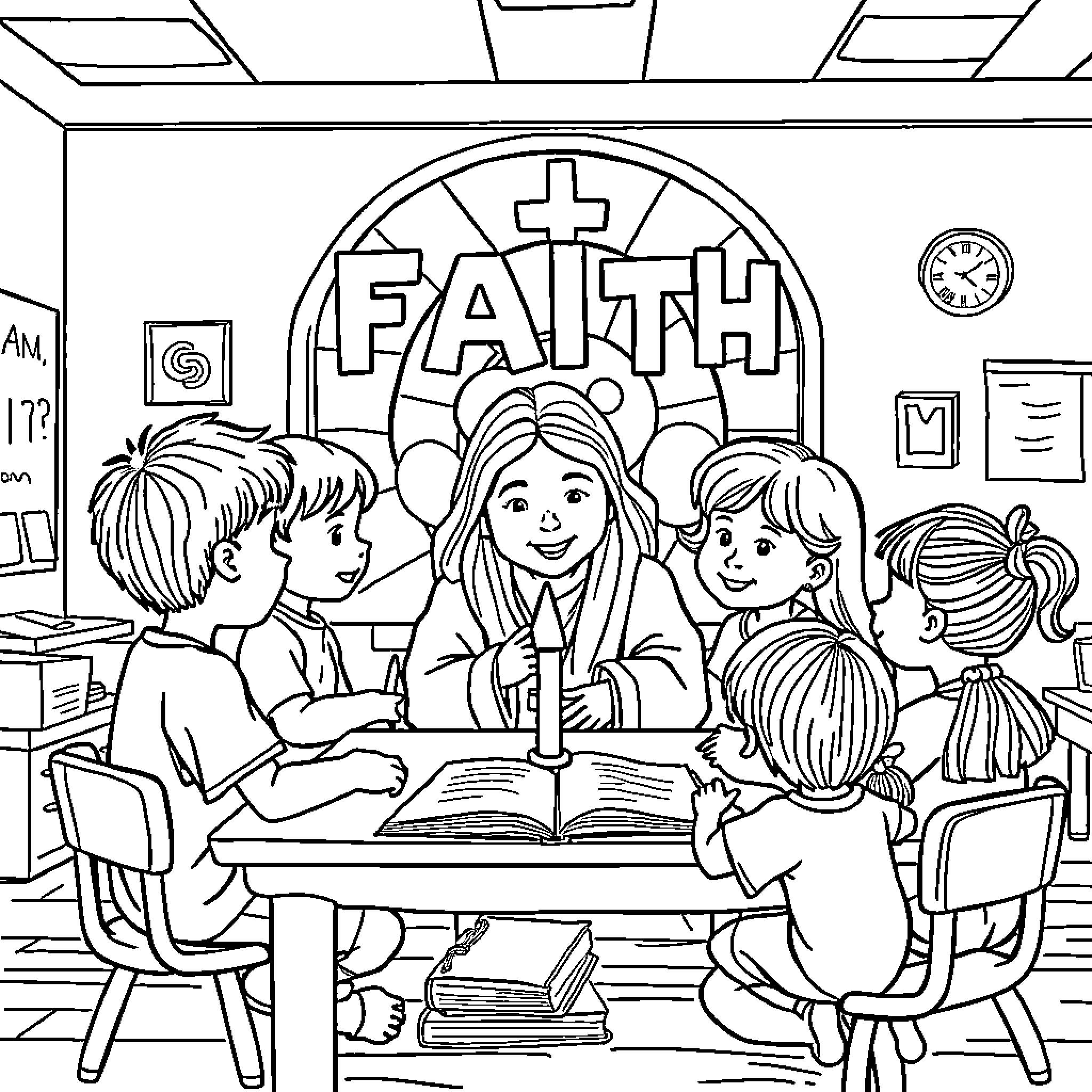 Children learning about faith in the classroom Coloring Page (free black-and-white line drawing printable PDF for all, from beginners to advanced learners, including children, teens, adults, and seniors)