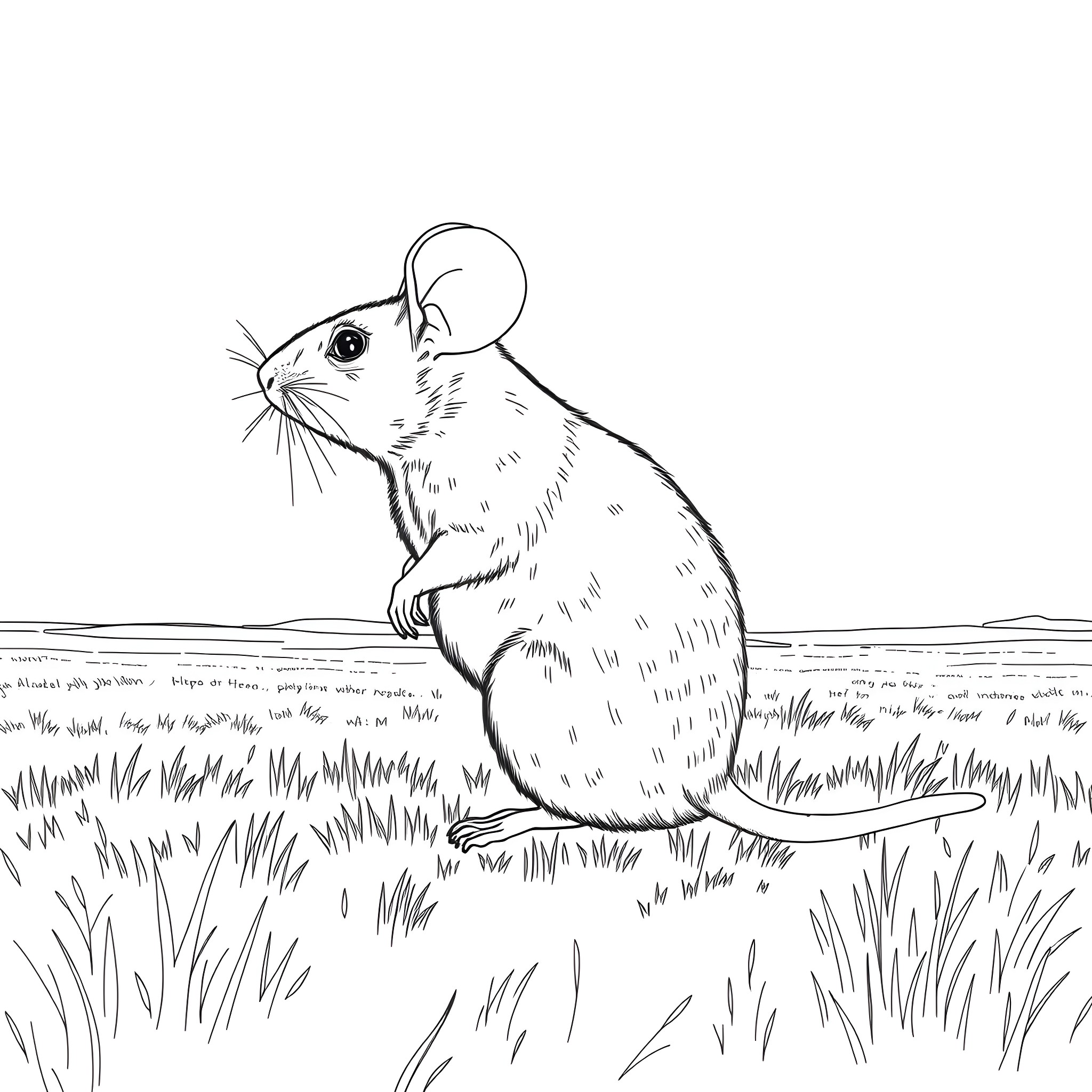 Mouse exploring the grassy field Coloring Page (free black-and-white line drawing printable PDF for all, from beginners to advanced learners, including children, teens, adults, and seniors)
