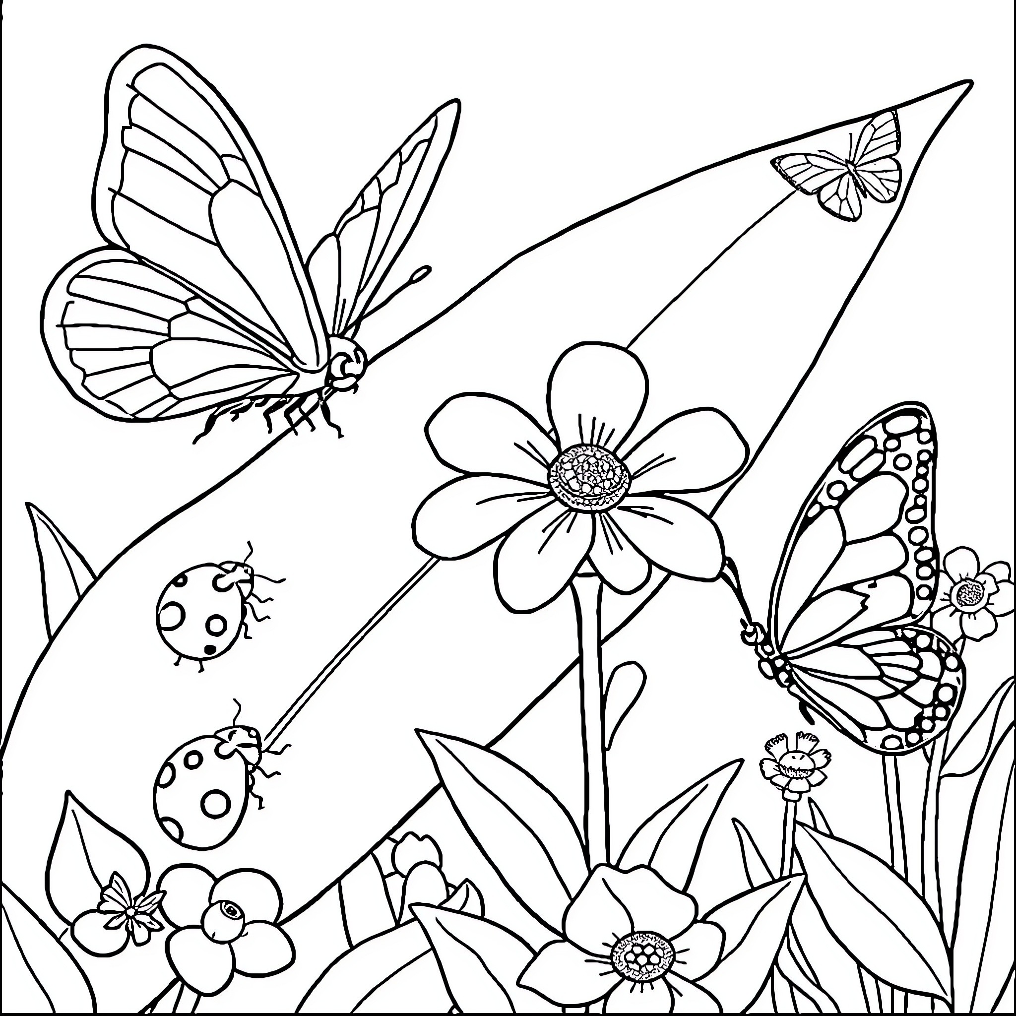Insect playing and exploring vibrant floral garden Coloring Page (free black-and-white line drawing printable PDF for all, from beginners to advanced learners, including children, teens, adults, and seniors)