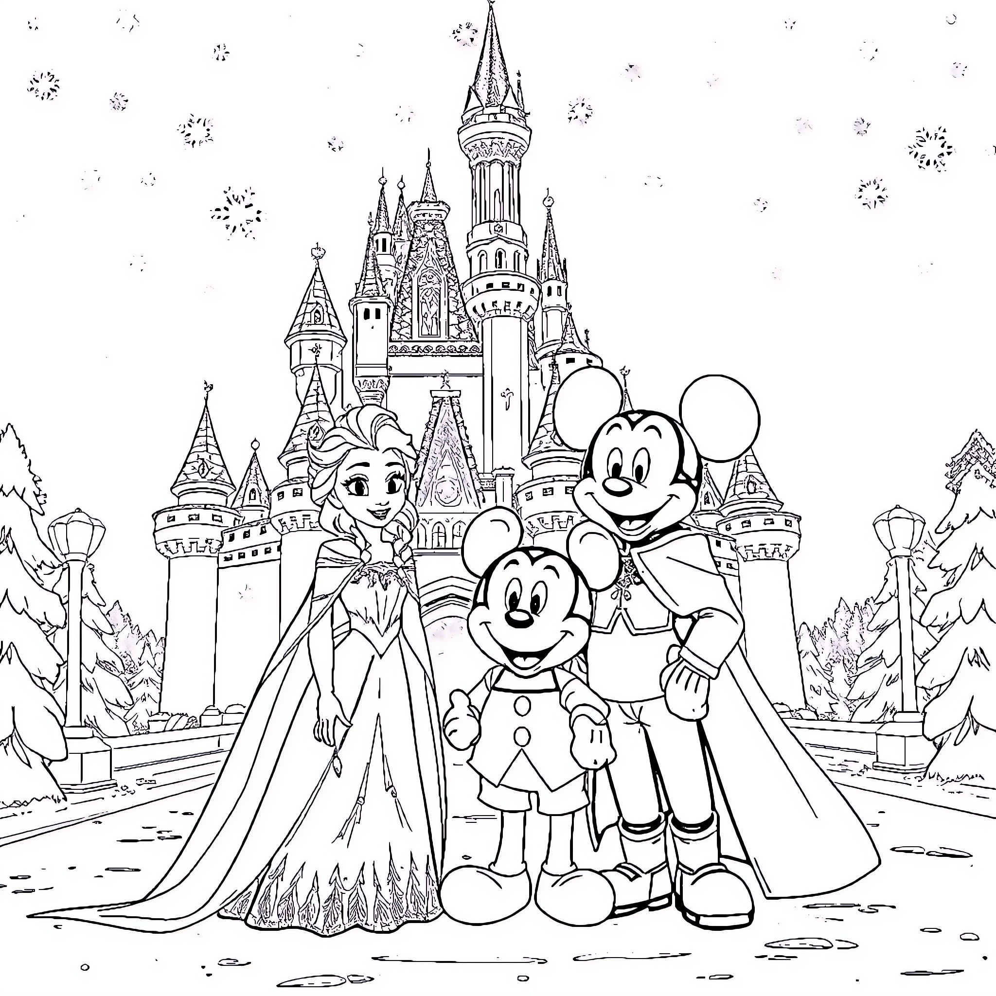 Queen and Friends in the Magical Castle Coloring Page (free black-and-white line drawing printable PDF for all, from beginners to advanced learners, including children, teens, adults, and seniors)