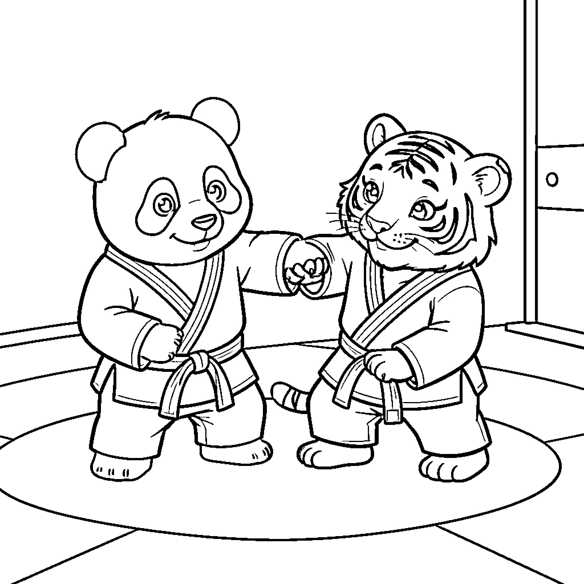 Panda and Tiger Martial Artists in Training Coloring Page (free black-and-white line drawing printable PDF for all, from beginners to advanced learners, including children, teens, adults, and seniors)