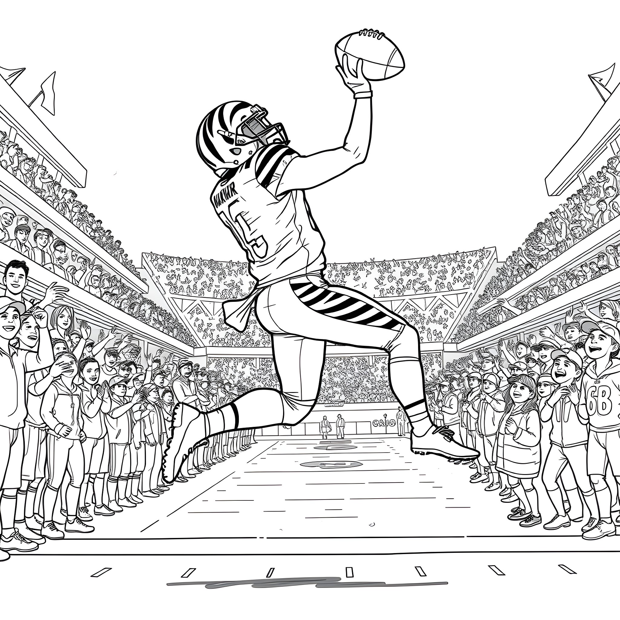 Ja'Marr Chase scores touchdown in football game Coloring Page (free black-and-white line drawing printable PDF for all, from beginners to advanced learners, including children, teens, adults, and seniors)