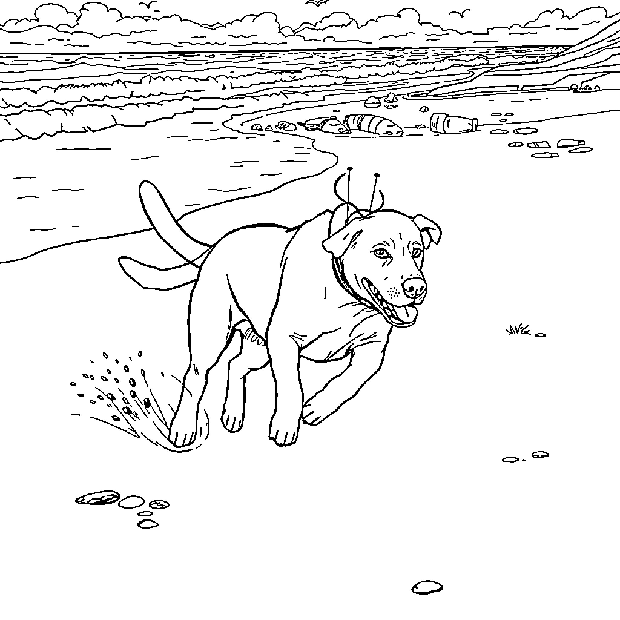 Labrador Retriever Playing on the Beach Coloring Page (free black-and-white line drawing printable PDF for all, from beginners to advanced learners, including children, teens, adults, and seniors)