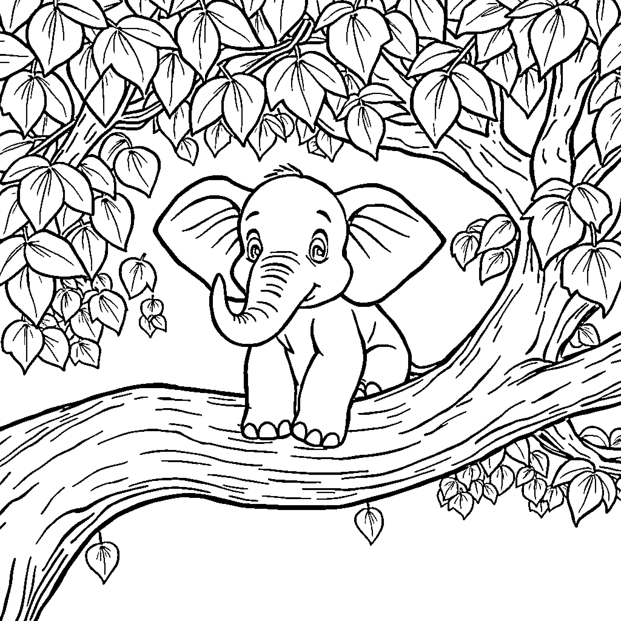 Elephant playing in the forest Coloring Page (free black-and-white line drawing printable PDF for all, from beginners to advanced learners, including children, teens, adults, and seniors)