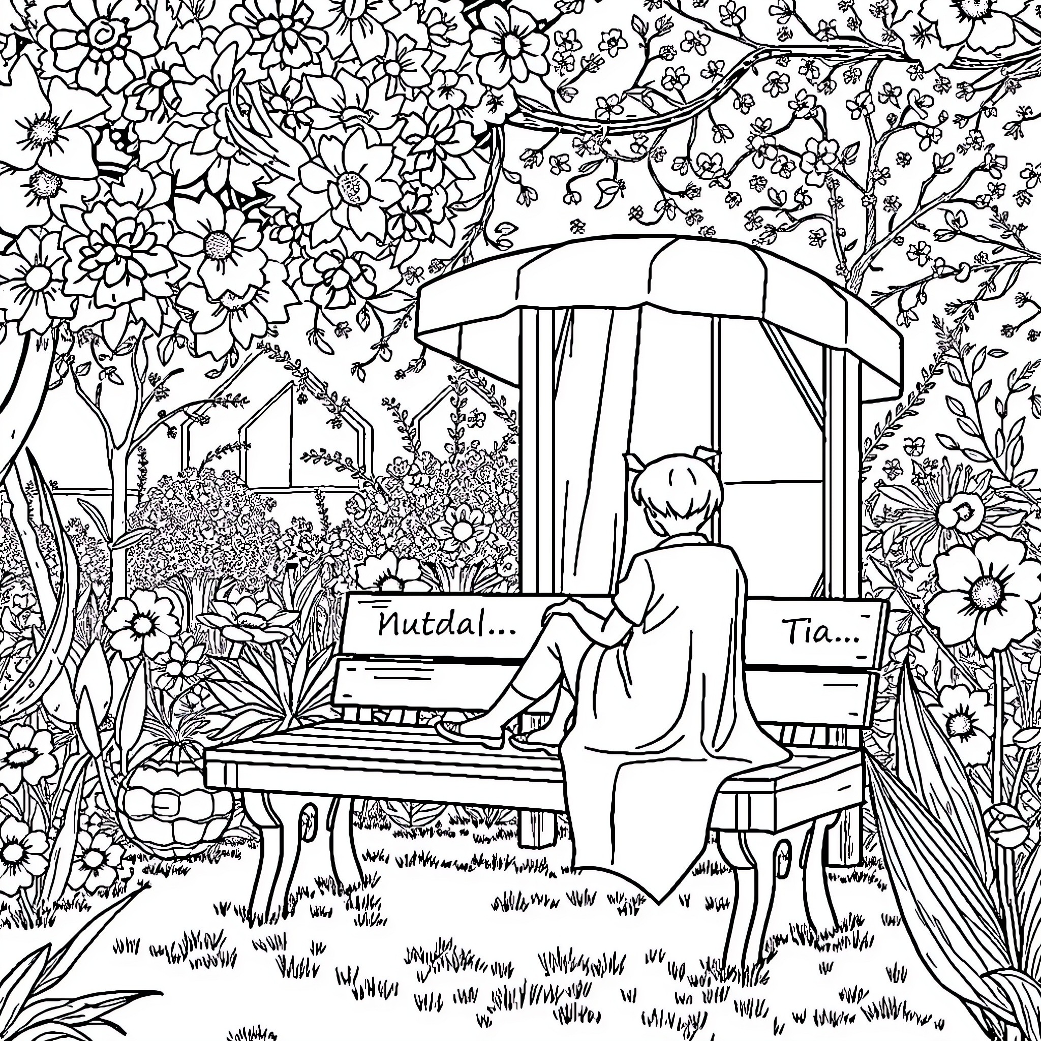 Manga Artistic Garden Scene with Flowers and Piano Coloring Page (free black-and-white line drawing printable PDF for all, from beginners to advanced learners, including children, teens, adults, and seniors)