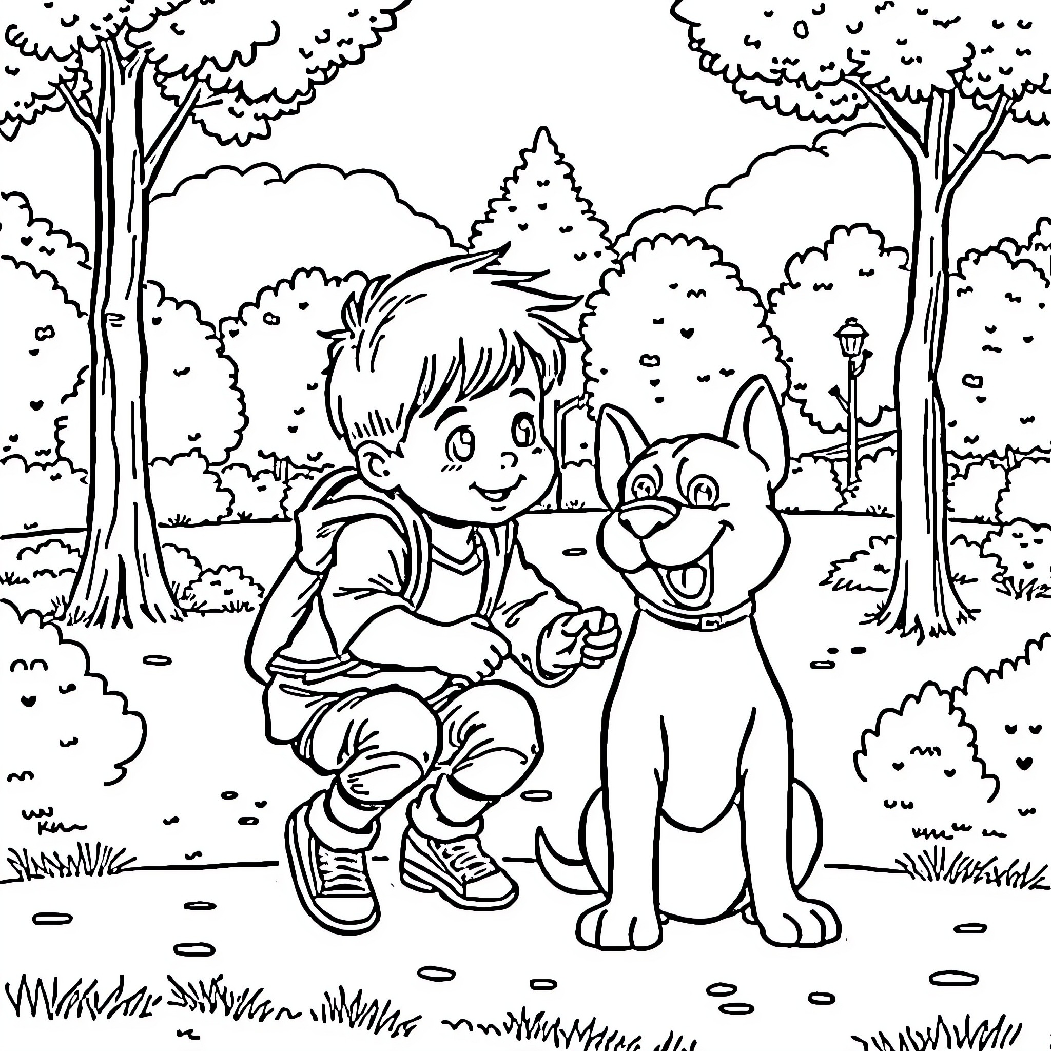 Child playing happily with pet in peaceful park Coloring Page (free black-and-white line drawing printable PDF for all, from beginners to advanced learners, including children, teens, adults, and seniors)